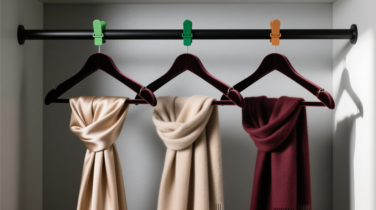 A minimalist closet section showing three velvet double-bar hangers holding folded silk, wool, and cotton scarves in clear vertical alignment; each scarf displays smooth drape, no overlapping, and visible color-coded seasonal clips