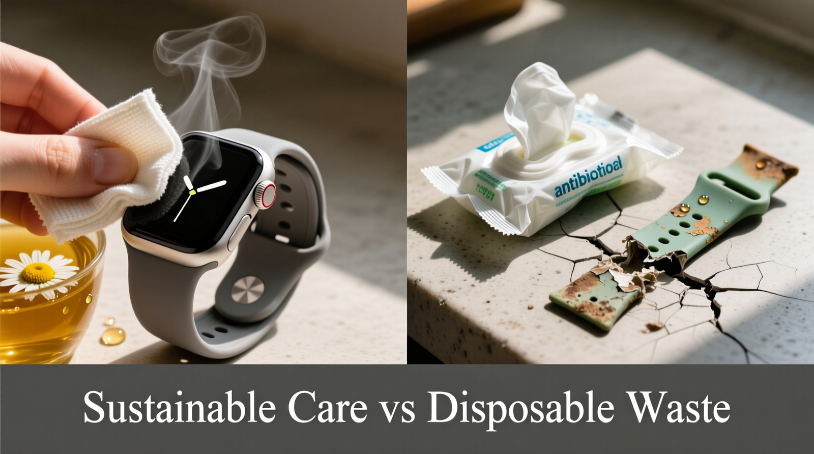 Close-up macro photograph showing two identical stainless steel smartwatch bands: one cleaned weekly with vinegar-distilled water method (bright, uniform sheen), the other cleaned monthly with alcohol wipes (dull, hazy surface with visible micro-scratches along edges)