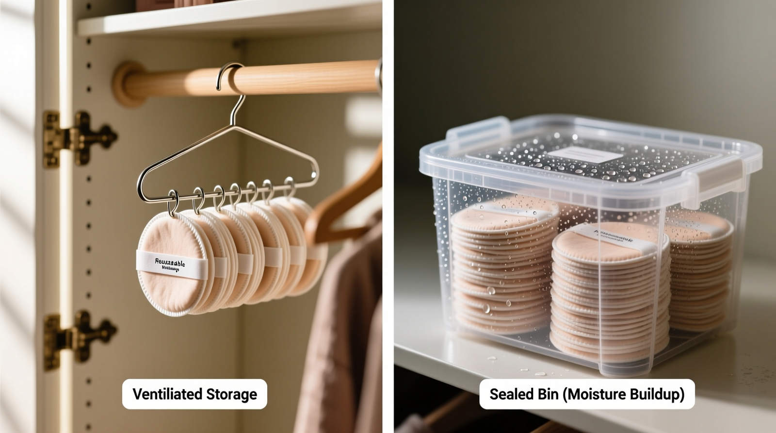 Side-by-side comparison: left shows reusable makeup pads hanging on a ventilated metal hanger inside a closet with visible airflow gaps; right shows same pads crammed into a sealed plastic bin with condensation droplets on interior lid