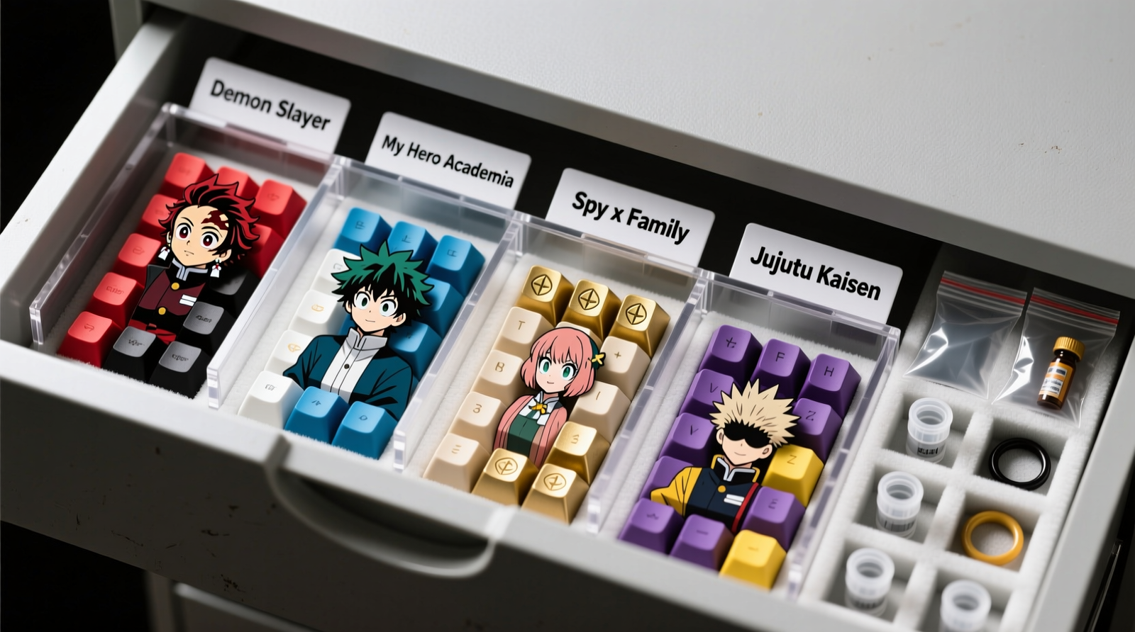 Top-down view of a custom drawer insert holding 4 anime keycap sets: Demon Slayer (red/black), My Hero Academia (blue/white), Spy x Family (beige/gold), and Jujutsu Kaisen (purple/yellow), each in labeled, upright, stem-aligned compartments with stabilizer bags and o-ring vials in adjacent sections.