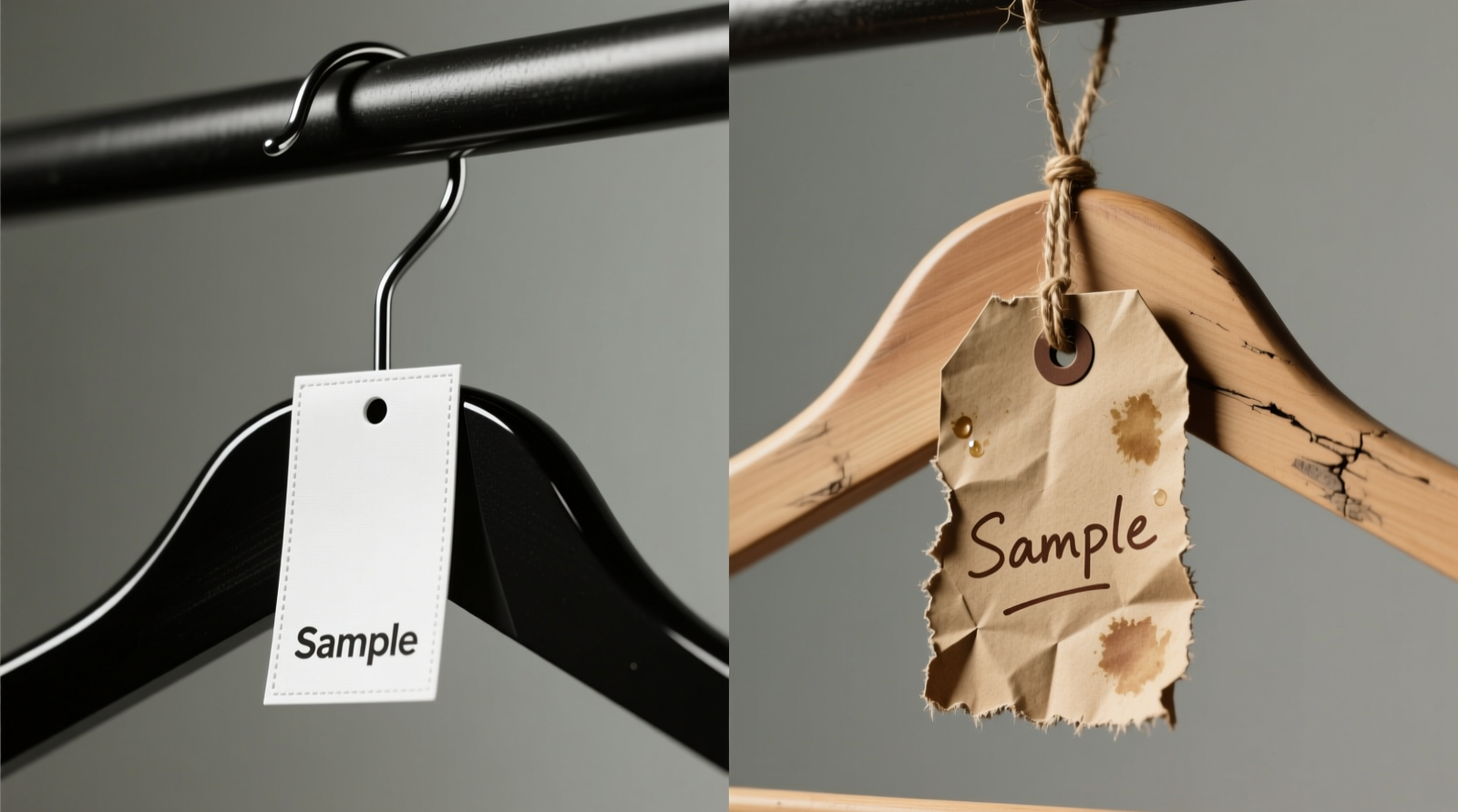 Side-by-side comparison: crisp white polyester label on a matte black hanger hook next to a warped, water-stained kraft tag dangling from a string on a wooden hanger