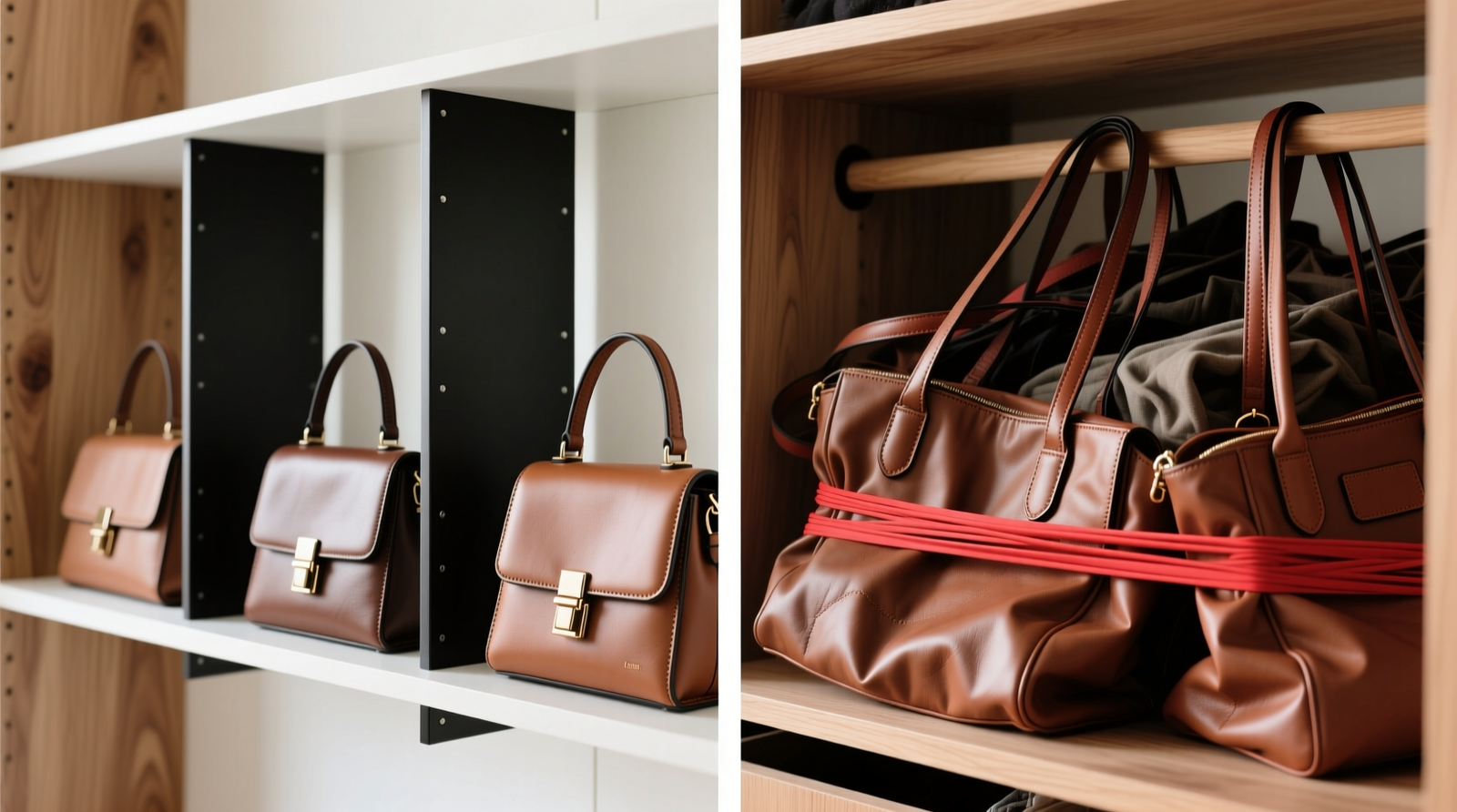 Side-by-side comparison: left shows three structured handbags upright in evenly spaced, matte-black metal shelf dividers on a white oak closet shelf; right shows same bags haphazardly compressed under red elastic bungee cords with visible creases along shoulder straps and warped flap edges