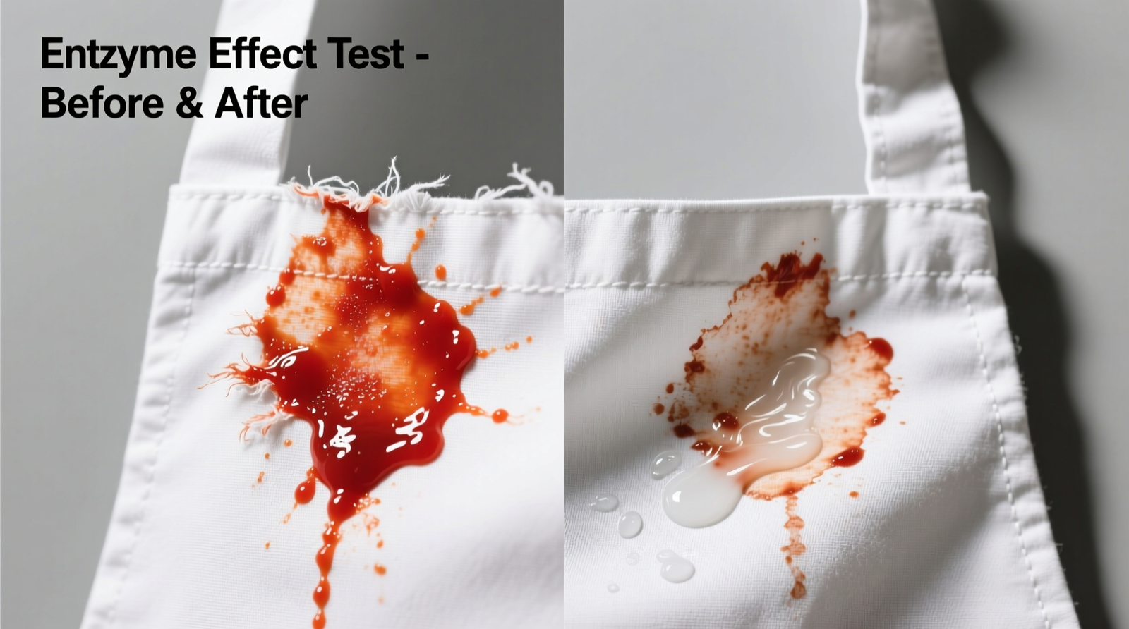Close-up photo showing side-by-side comparison: left panel shows a cotton-polyester uniform sleeve with a dried, rust-colored hot sauce stain; right panel shows same area after 15-minute enzyme pretreatment and cold-water rinse, with visible lightening and no fiber distortion