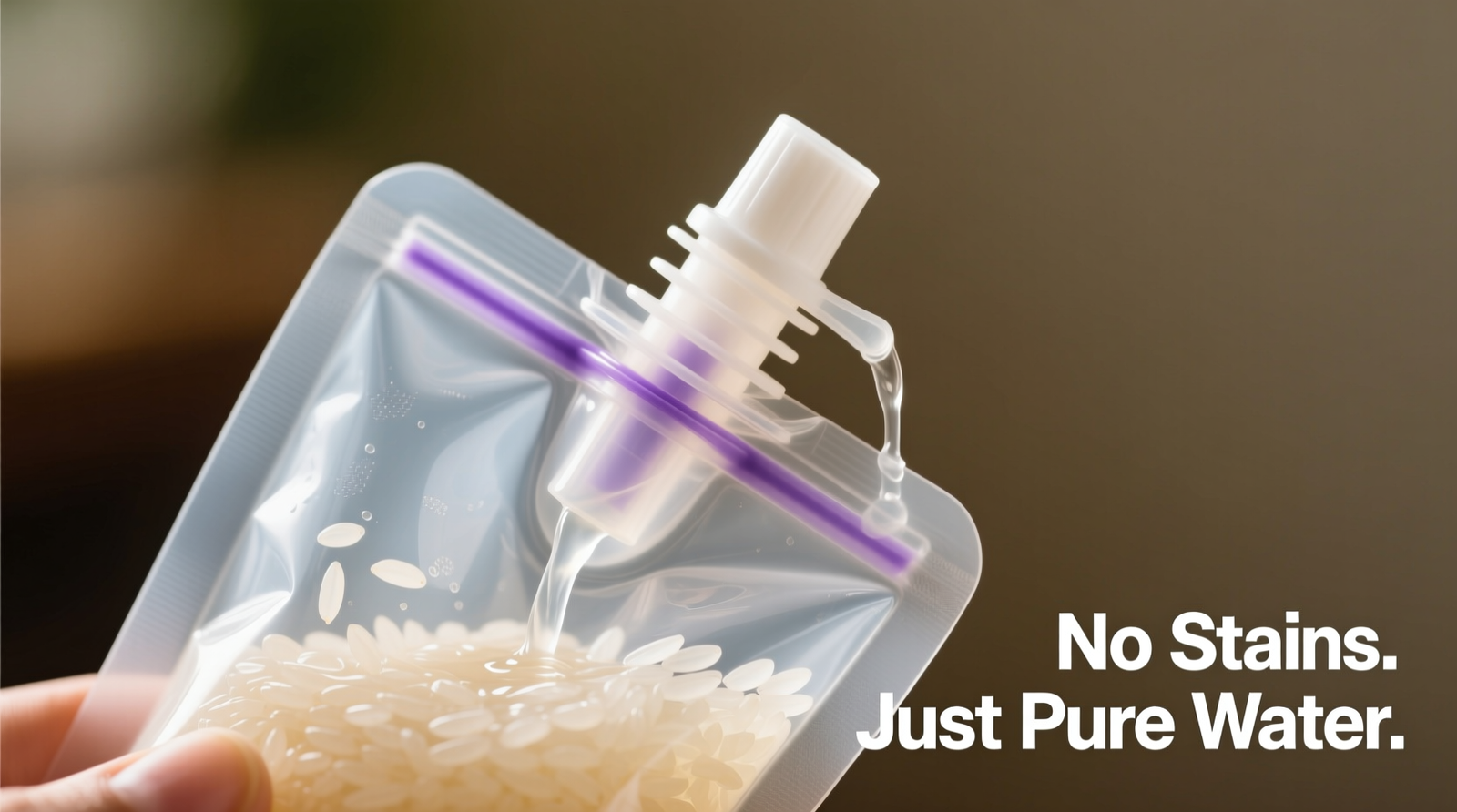 Close-up photo of a translucent silicone food pouch being held upright as clear rice water drains from its spout, with visible absence of purple staining inside the flexible walls