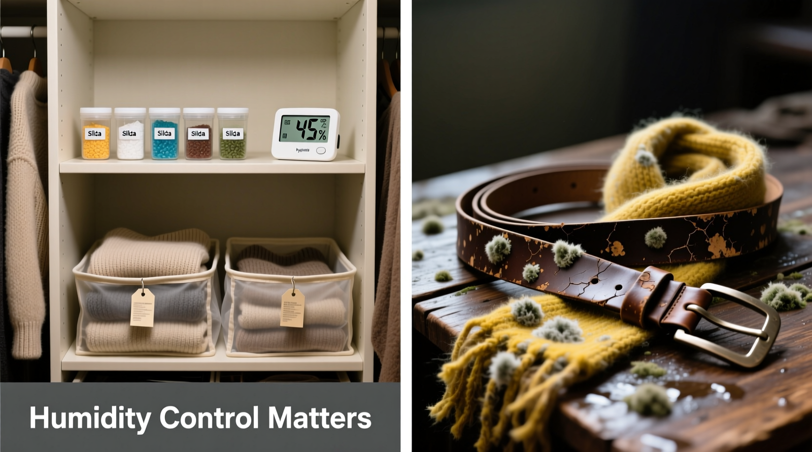 Close-up of a digital hygrometer mounted on a cedar-lined closet back wall, positioned beside a hanging leather jacket and folded wool sweater—showing a stable reading of 49% RH
