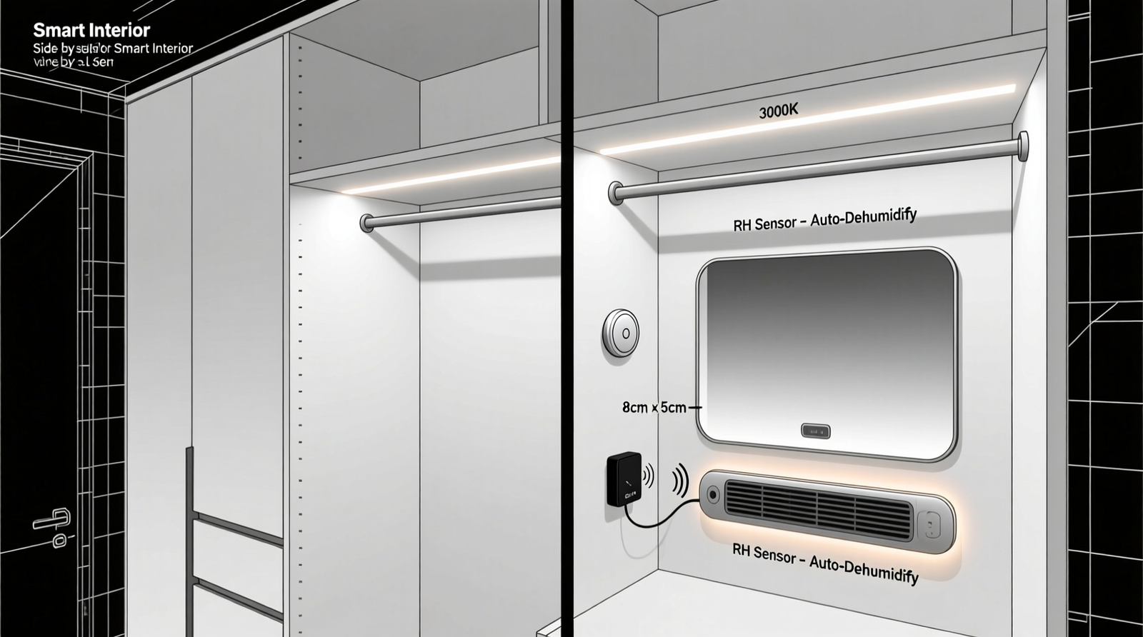 Side-by-side diagram showing a standard closet interior with labeled zones: top shelf-mounted LED strip emitting downward soft light, humidity sensor near hanging garments, and rear-mounted mirror heater pad connected wirelessly to a compact smart relay box