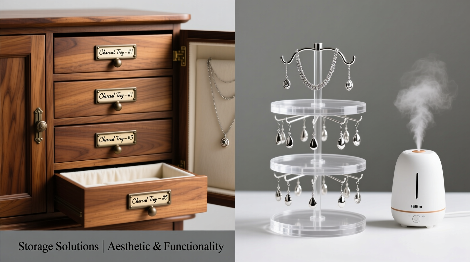 Side-by-side comparison: left shows a walnut armoire with closed, gasket-sealed drawers containing labeled charcoal trays and fabric-lined compartments; right shows an acrylic rotating carousel with exposed silver necklaces and dangling earrings, placed beside a humidifier
