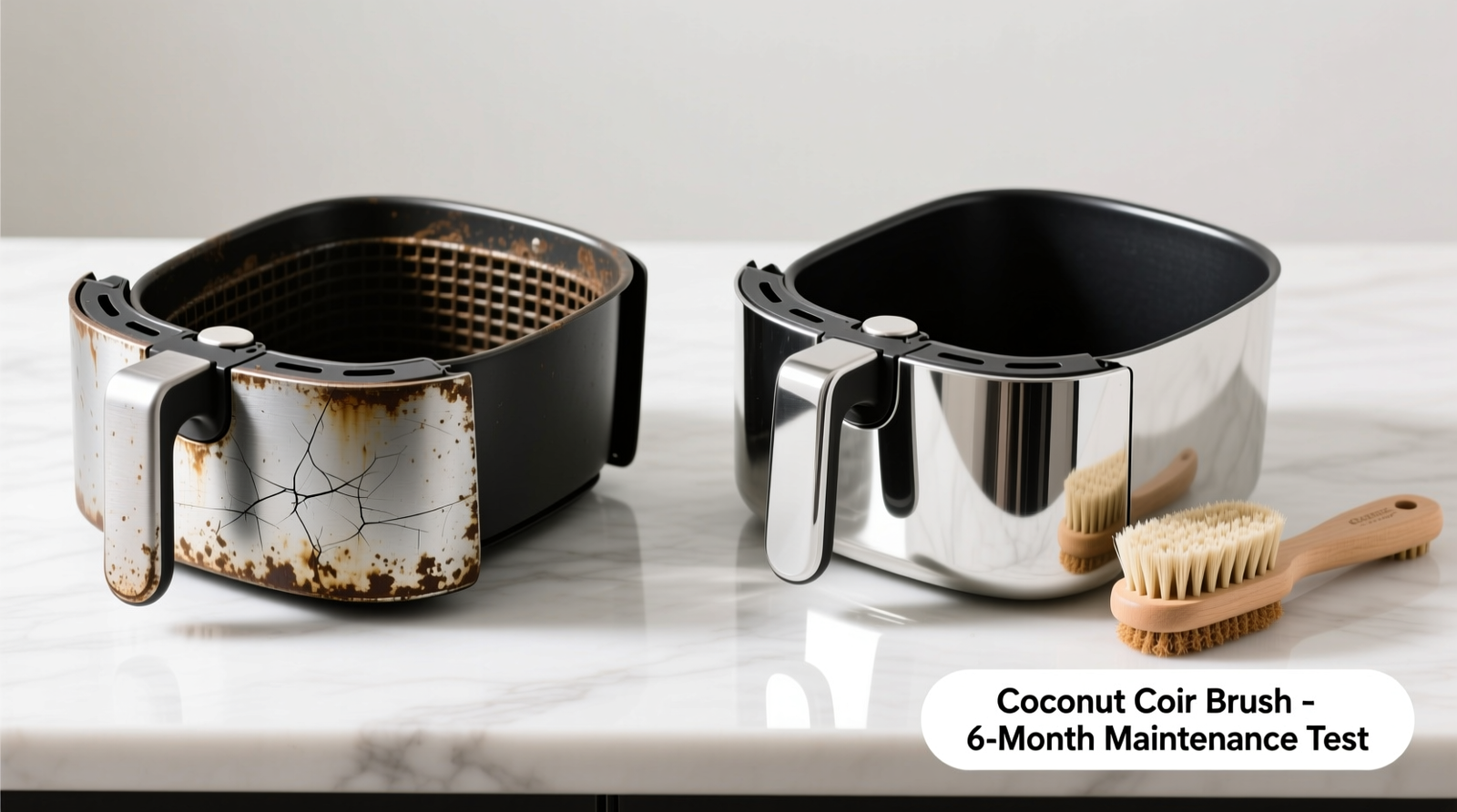 Close-up of a stainless steel air fryer basket being gently scrubbed with a soft nylon brush and a light dusting of white baking soda powder, with warm water beading cleanly off the surface