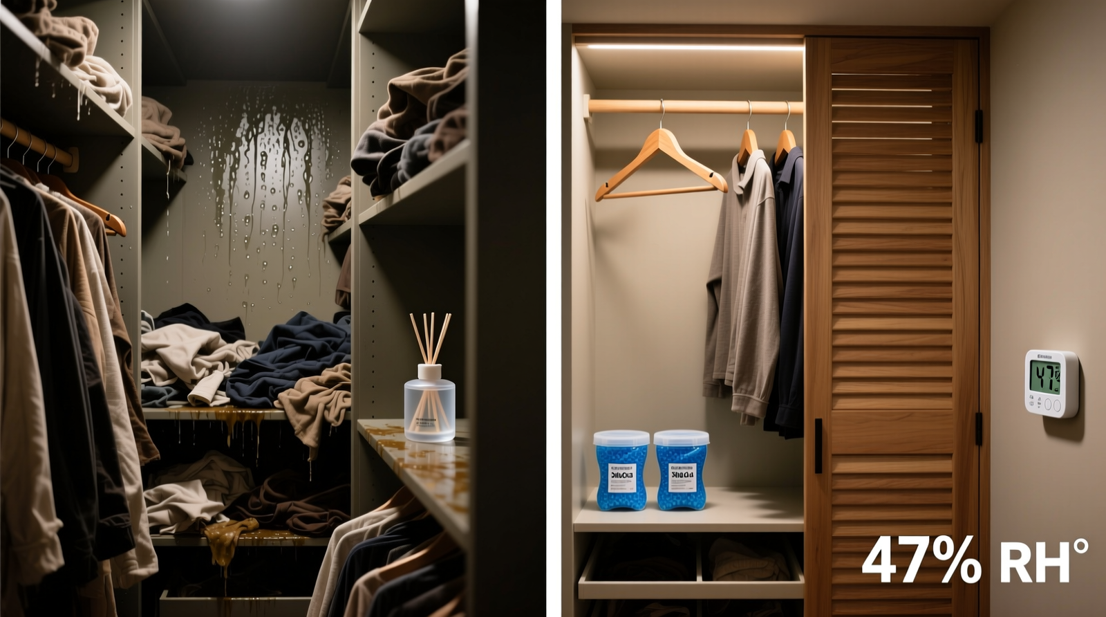 Side-by-side comparison: left side shows a cluttered closet with visible condensation on interior walls and a fragrance diffuser on the shelf; right side shows the same closet after installing louvered doors, hanging garments on breathable wooden hangers, and placing two blue silica gel canisters on lower shelves—humidity reading displayed at 47% RH
