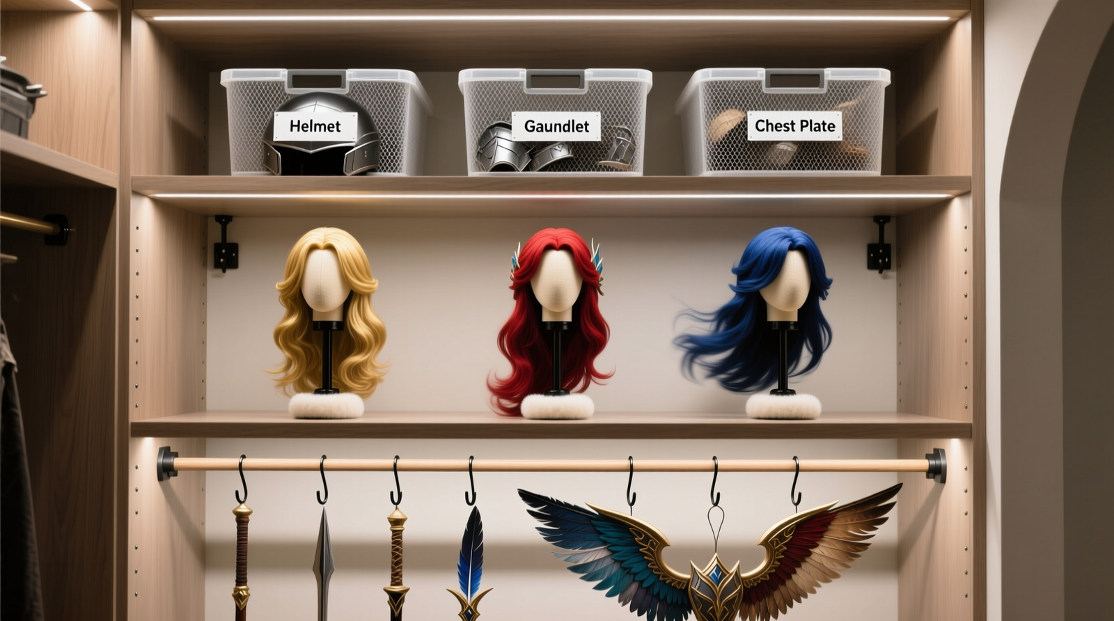 Three adjustable wig stands arranged vertically along the back wall of a narrow white closet, each holding a different styled cosplay wig—curly, straight, and asymmetrical bob—with visible height adjustments and labeled base widths