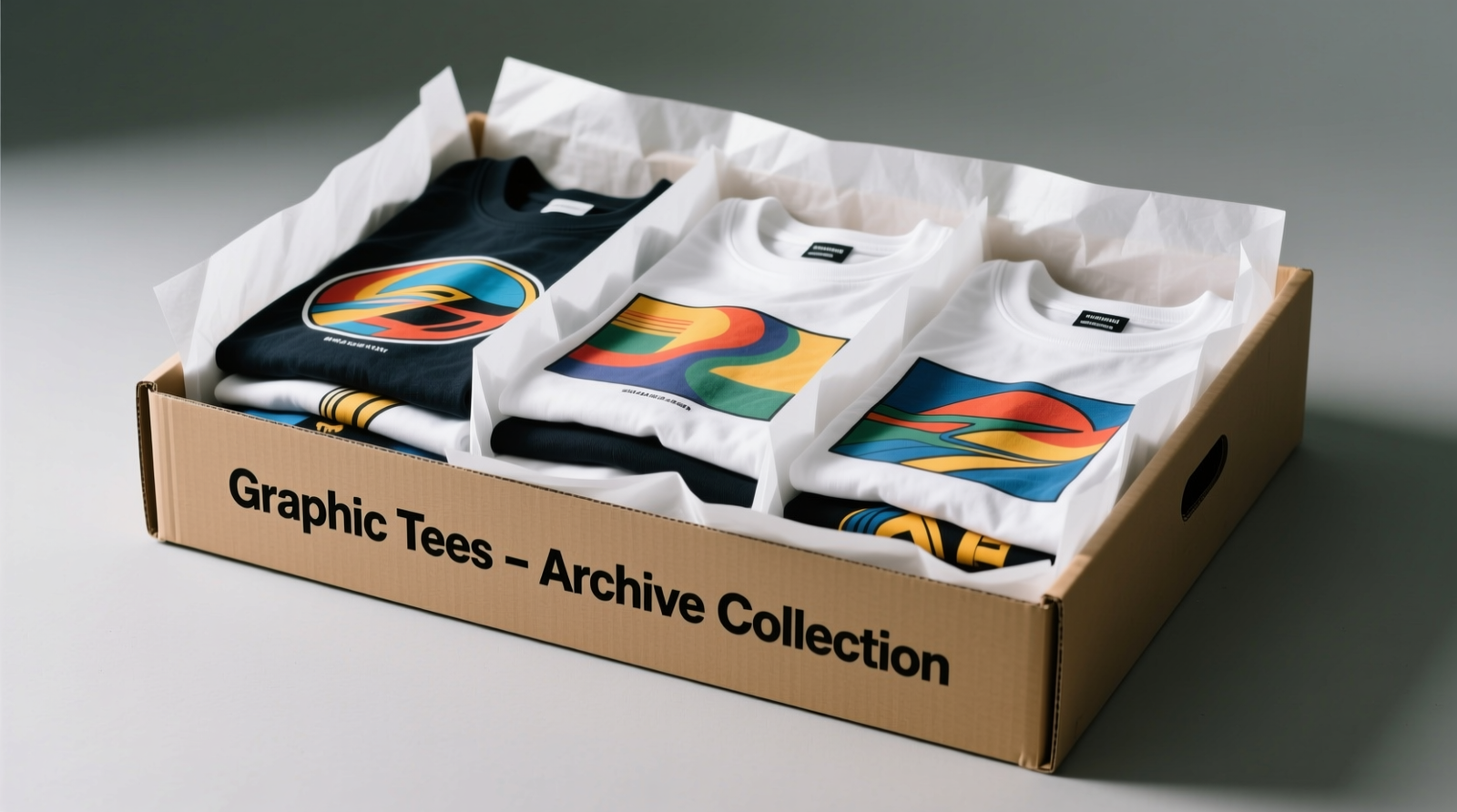 A shallow, labeled cardboard storage box containing seven graphic tees stacked flat, each separated by crisp white archival tissue; visible edges show uniform alignment and zero overhang or curling