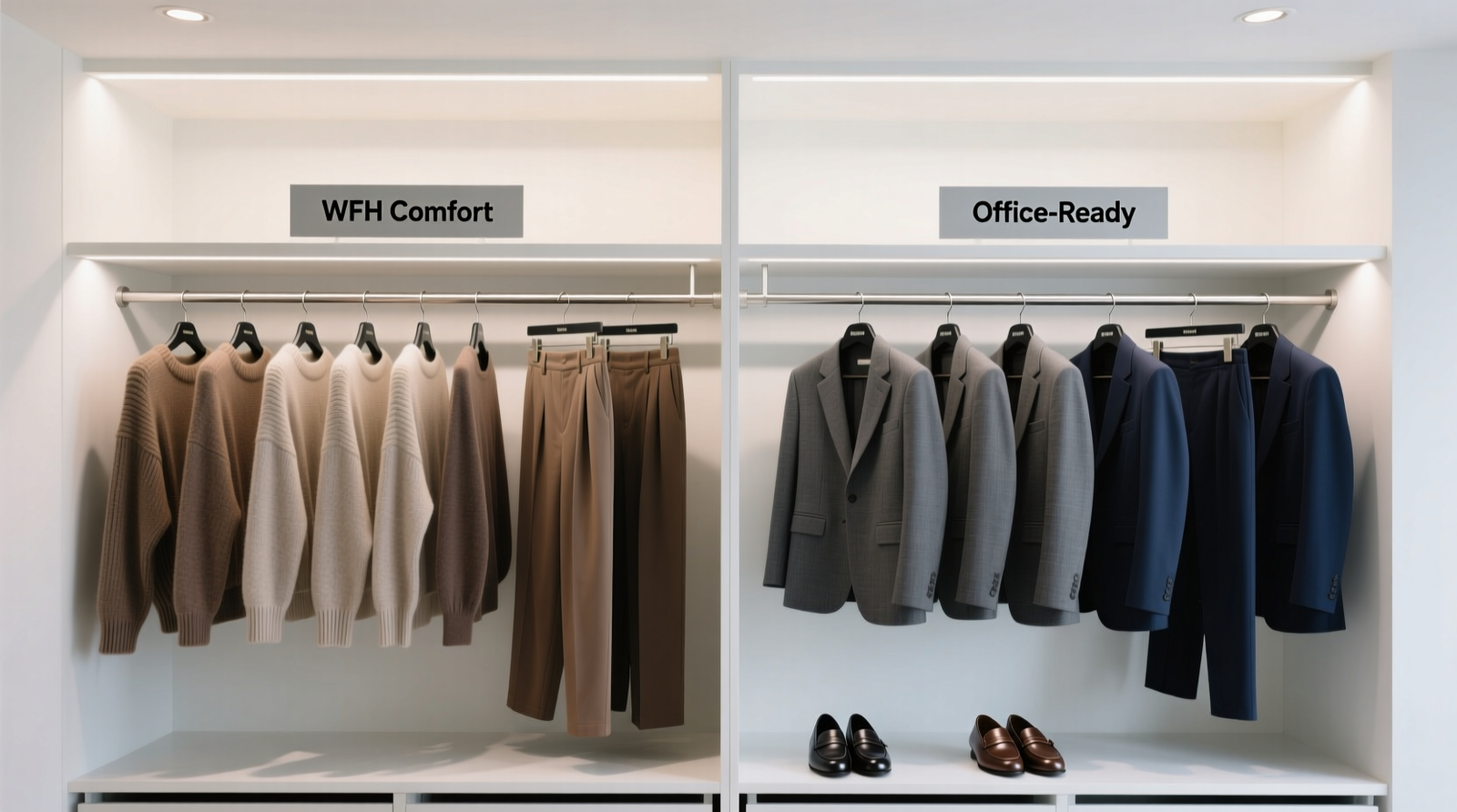 A streamlined closet with labeled, vertically hung garments grouped by function: 'WFH Comfort' section features soft knits and elastic-waist pants; 'Office-Ready' section shows tailored trousers, structured blazers, and polished flats—all on matching slim hangers with consistent spacing