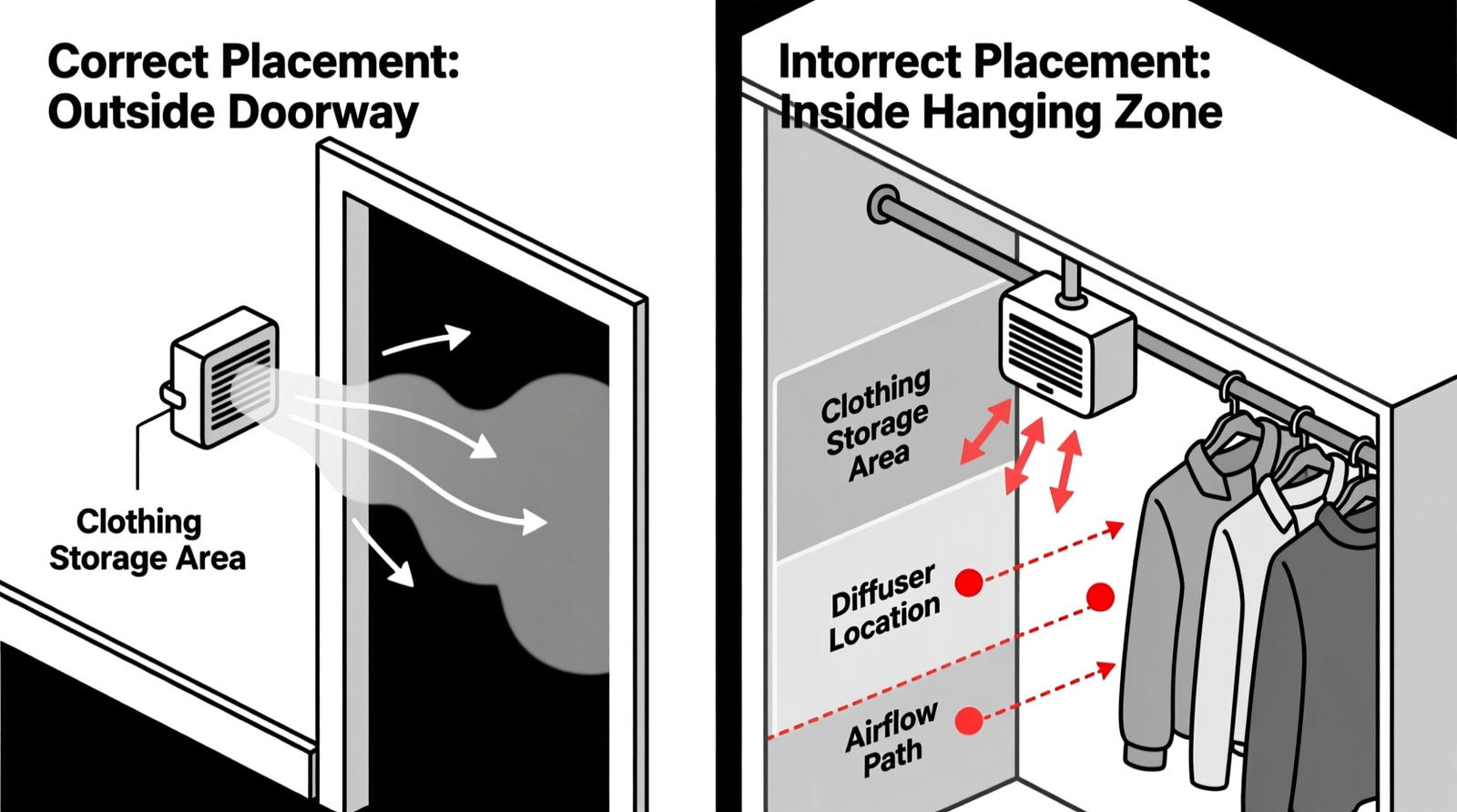 Side-by-side diagram showing proper diffuser placement outside a closet doorway versus incorrect placement inside a hanging rod zone, with airflow arrows indicating vapor dispersion away from garment zones