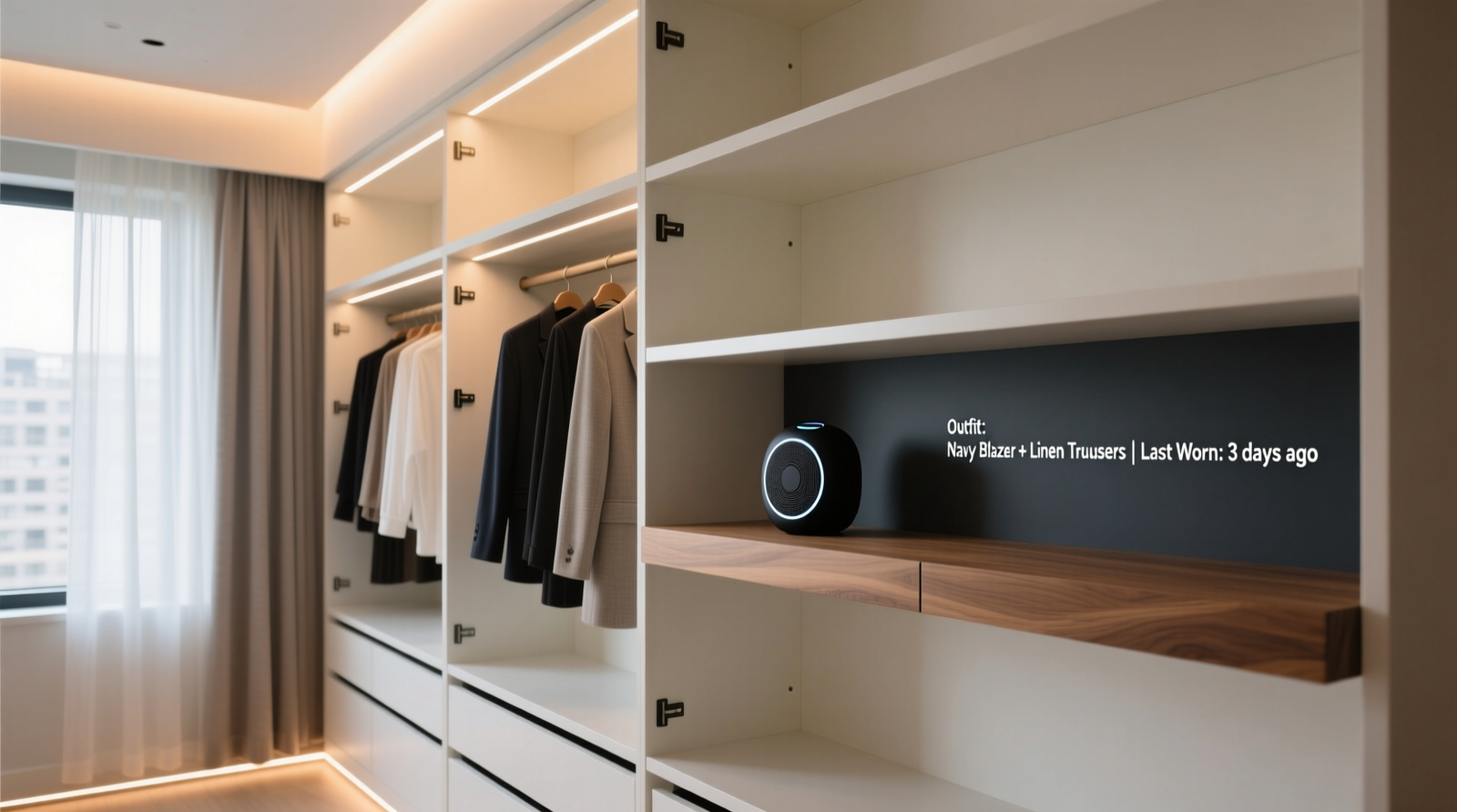 A minimalist walk-in closet with soft LED lighting, a smart speaker mounted discreetly on a shelf, and a small digital display showing 'Outfit: Navy Blazer + Linen Trousers | Last Worn: 3 days ago'