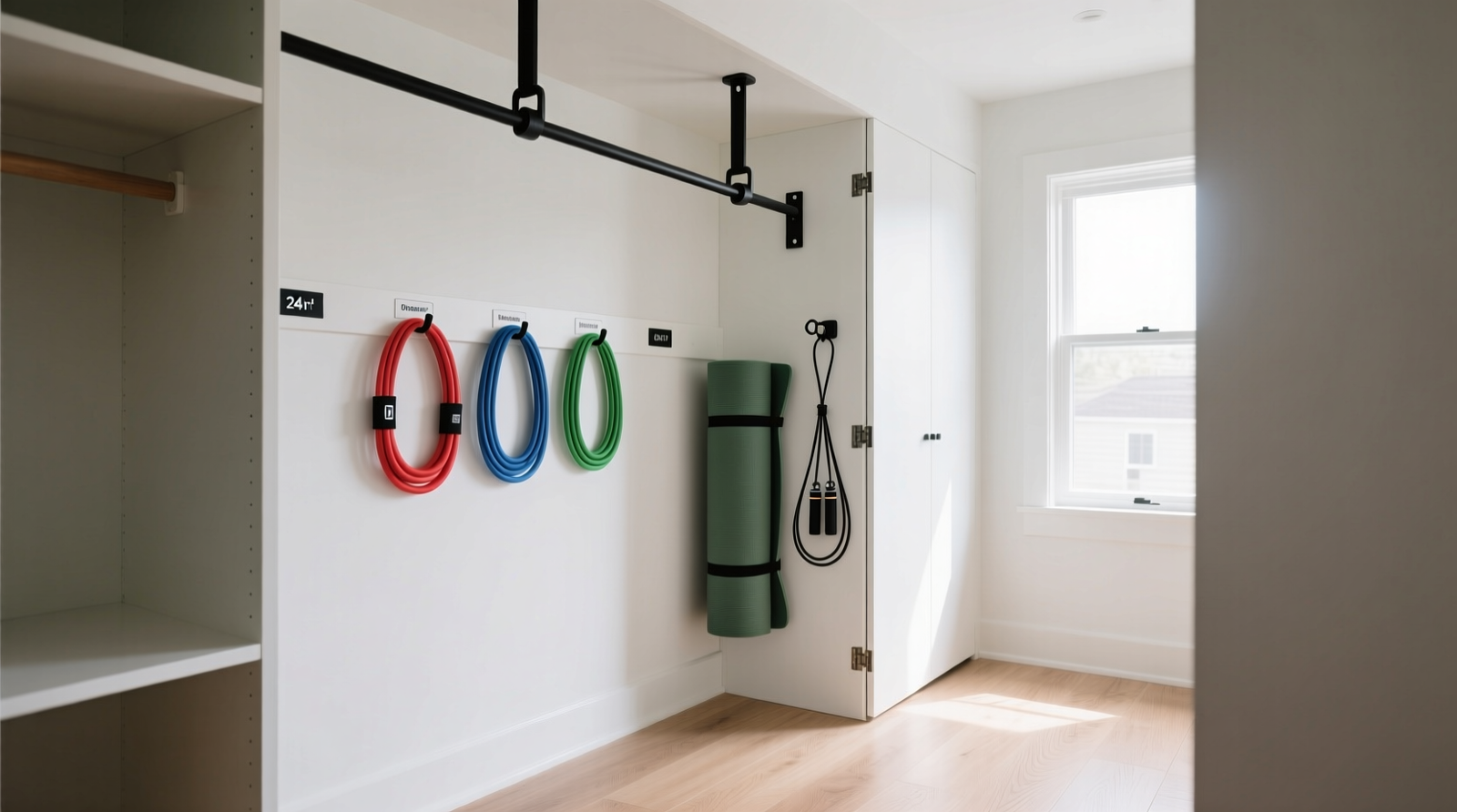 A 24-inch-deep reach-in closet transformed into a minimalist home gym: white-painted walls, matte-black fold-down pull-up bar extended, three color-coded resistance loops neatly coiled on pegs, folded yoga mat secured vertically on hinged panel, magnetic jump rope hook visible at eye level. Floor is clear, hardwood visible.