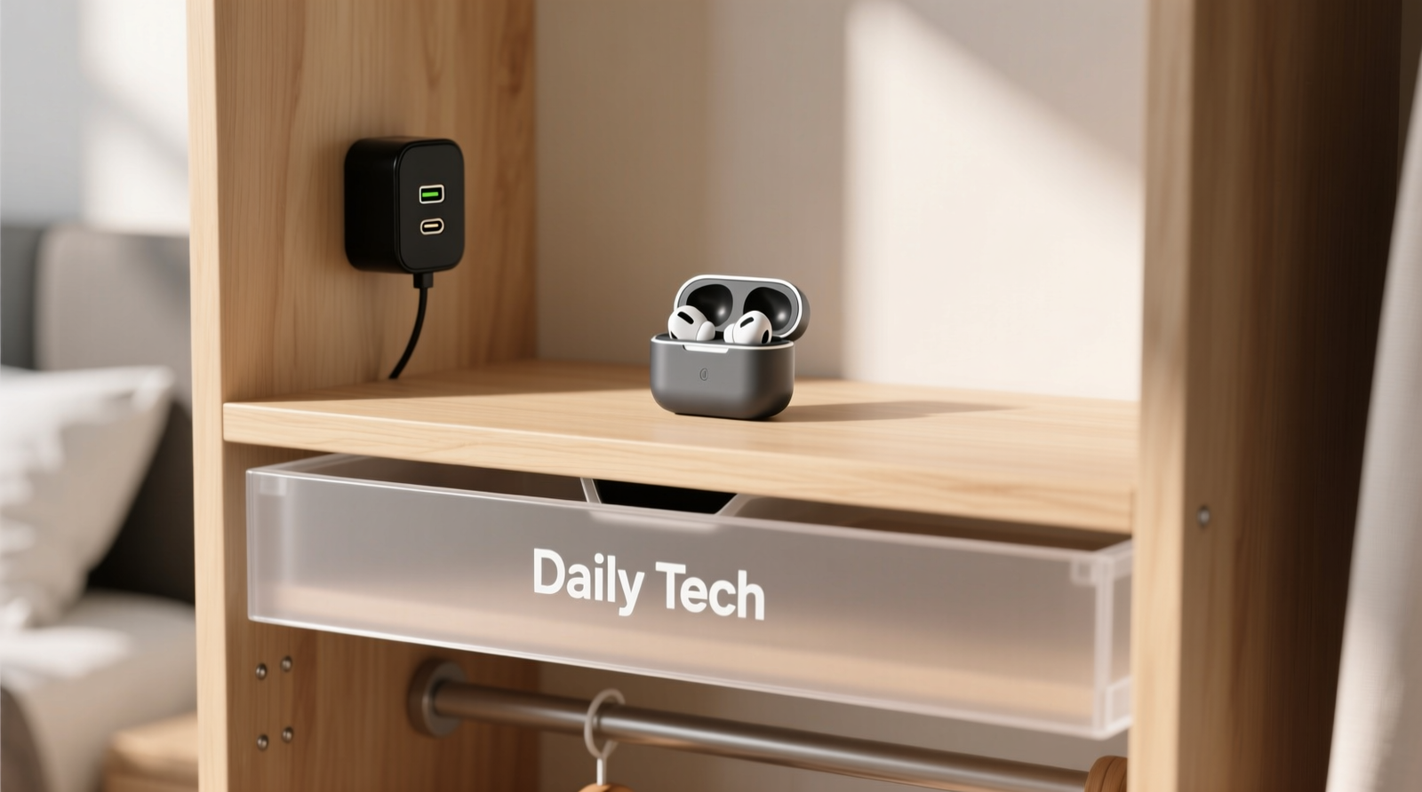 A minimalist, light-wood closet shelf with a matte-black USB-C wall charger mounted beneath, a gray magnetic earbud dock centered above it, and a shallow frosted-acrylic drawer labeled 'Daily Tech' below—no cables visible, all surfaces uncluttered