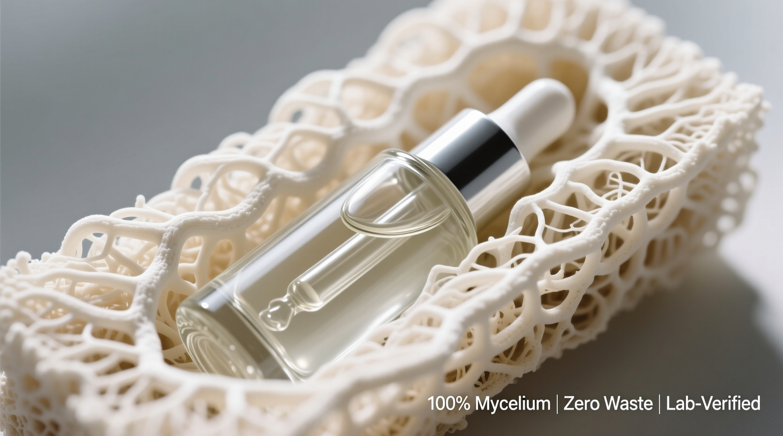 Close-up cross-section of off-white mycelium packaging insert cradling a glass serum bottle, showing tight structural fit and zero surface dust or bloom