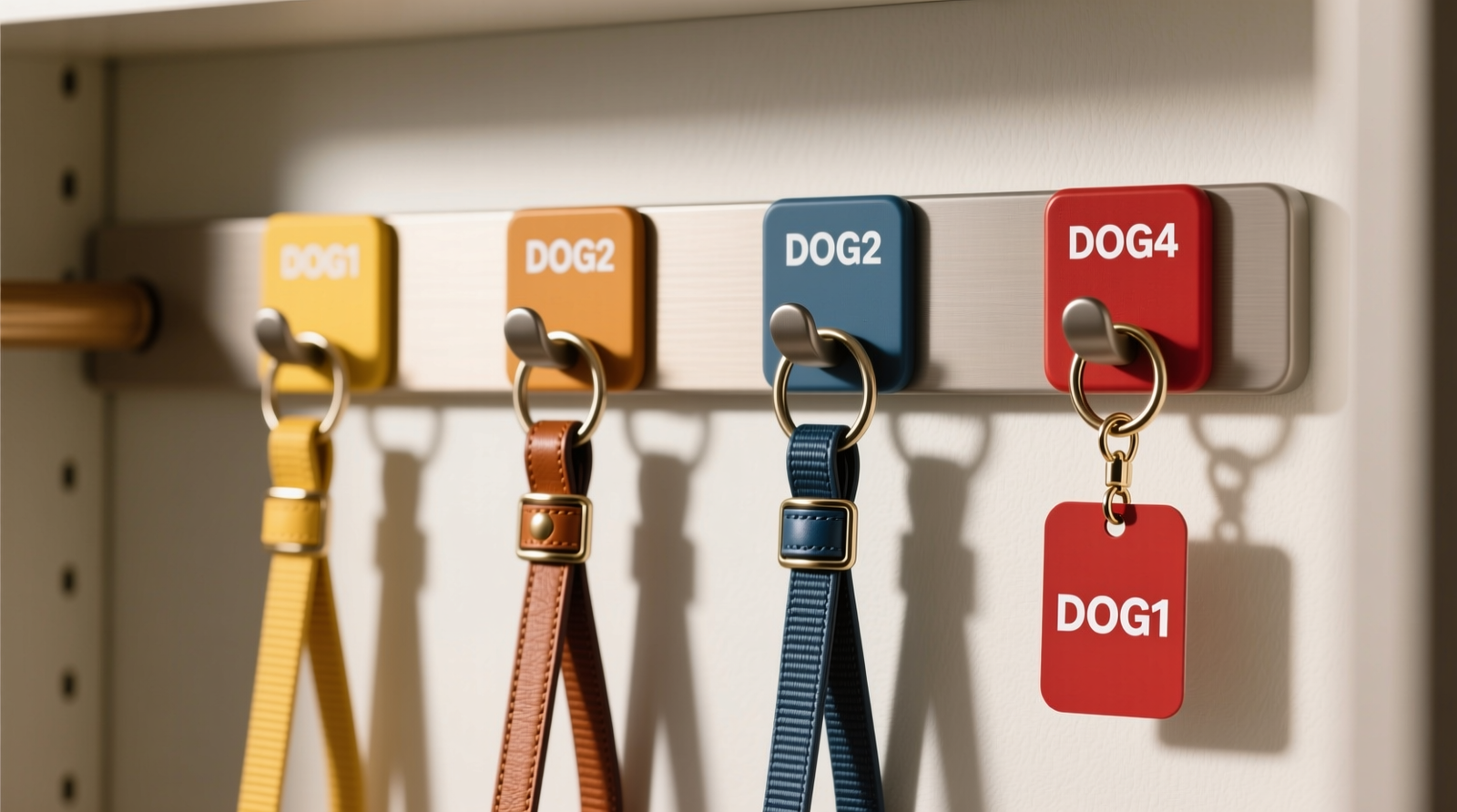Four labeled closet hooks mounted at eye level: yellow, amber, steel blue, and red. Each holds one leash with a matching ID tag visible on a split ring; no tangles, no clutter, no overlapping hardware.