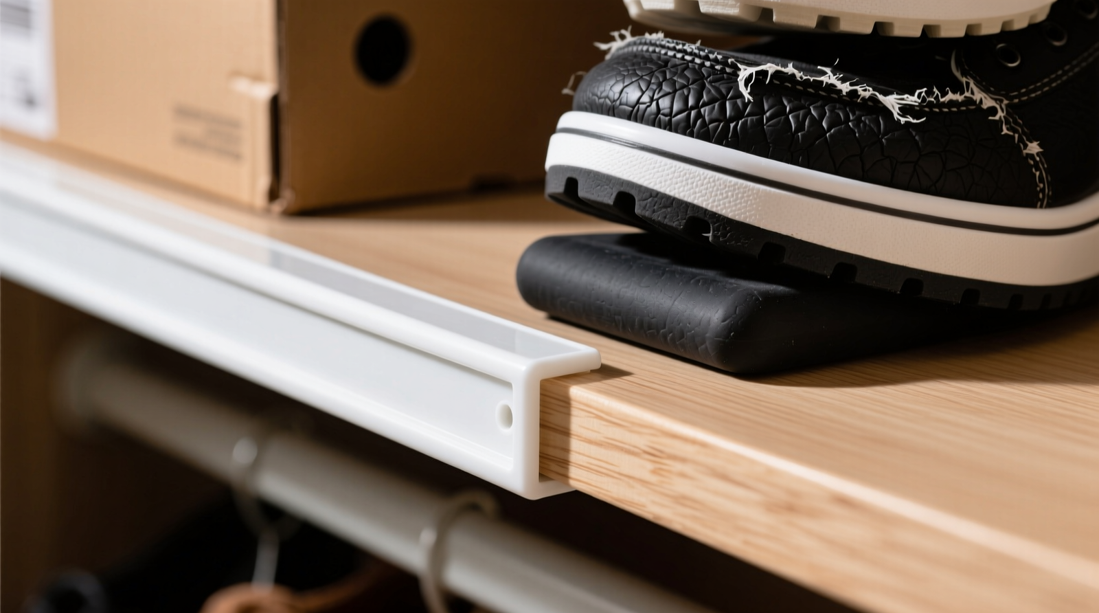 Side-by-side macro photo showing a rigid white shelf edge guard aligned precisely with the front edge of a wooden closet shelf, next to a compressed black rubber bumper visibly sinking into the shelf surface beneath a stacked shoe box