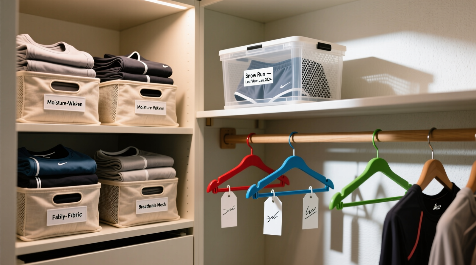 A well-lit closet showing three clearly delineated zones: navy-hung leggings and tanks at eye level (Front & Center), folded gray joggers and tees on a middle shelf (Middle Shelf), and charcoal-lidded bins stacked above containing seasonal gear like ski base layers and rain jackets (Back Bin)