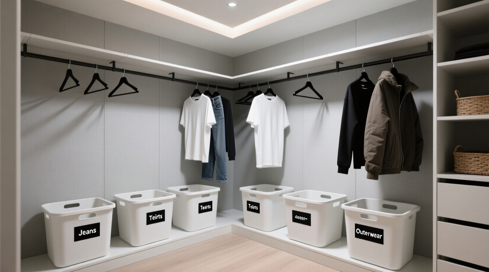 A functional closet showing floor-level labeled bins for jeans, t-shirts, and outerwear; hanging rods with uniform hangers holding only frequently worn items; no decorative baskets or visible labels beyond simple black-and-white bin tags
