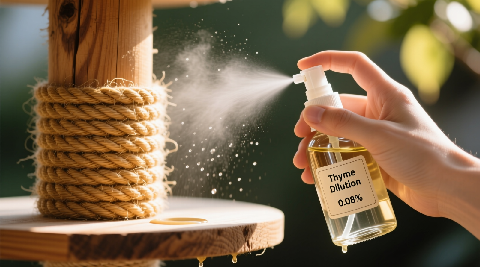 Close-up photograph of a hand lightly misting golden-brown sisal rope on a wooden cat tree with a glass spray bottle labeled 'Thyme Dilution 0.08%' — visible fine mist halo, no pooling or dripping, natural daylight illumination