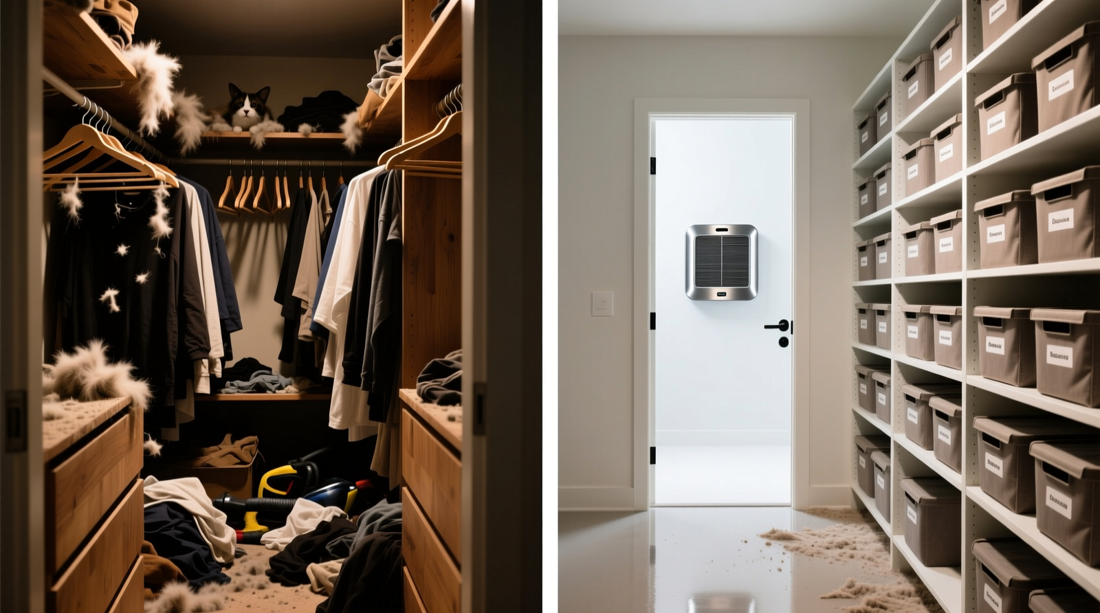 Side-by-side comparison: left shows a cluttered closet with visible lint and pet hair on shelves and hangers; right shows an organized closet with labeled sealed bins, vacuumed floor, and electrostatic filter mounted discreetly behind the door frame