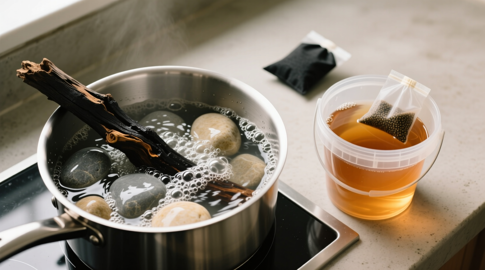 A stainless steel pot with boiling water containing smooth river rocks and a piece of dark driftwood, next to a clear bucket of amber-tinted soak water with visible carbon pouch floating beside it