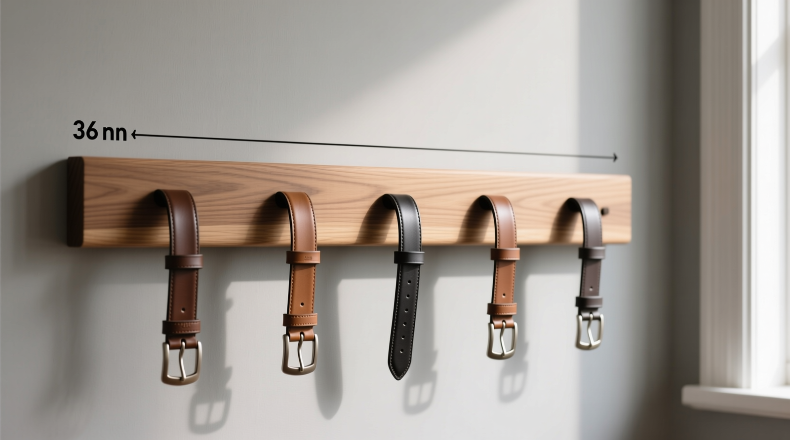 A minimalist horizontal oak belt rack mounted at 36 inches above floor, holding five reversible leather belts laid flat with centered buckles and equal spacing—no overlapping, no sagging, no visible folds.