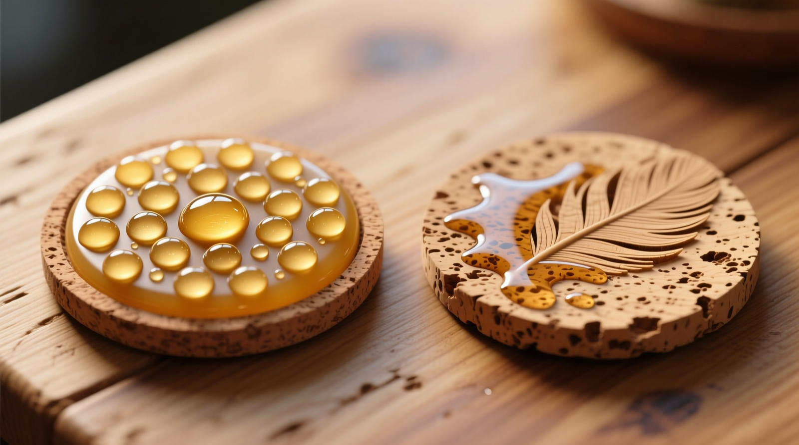 Side-by-side macro photography showing water droplets beading on a beeswax-finished cork coaster versus spreading into the porous surface of an unfinished one, with a wooden tabletop beneath both