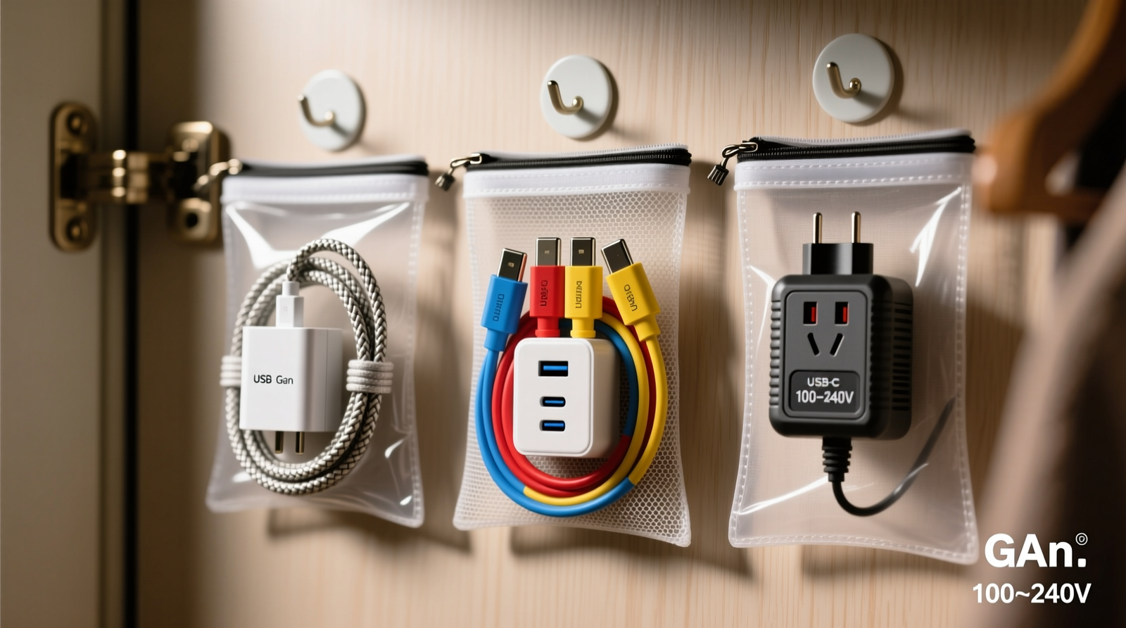 A shallow, open-front shelf holding three clear, rectangular acrylic bins: left bin labeled 'US 120V' with flat-blade adapters and black coiled cables; center bin 'EU 230V' with two-pin Schuko plugs and gray coiled cables; right bin 'UK 230V' with fused 3-pin adapters and blue coiled cables. Each bin has a small laminated card showing socket diagrams and max wattage.