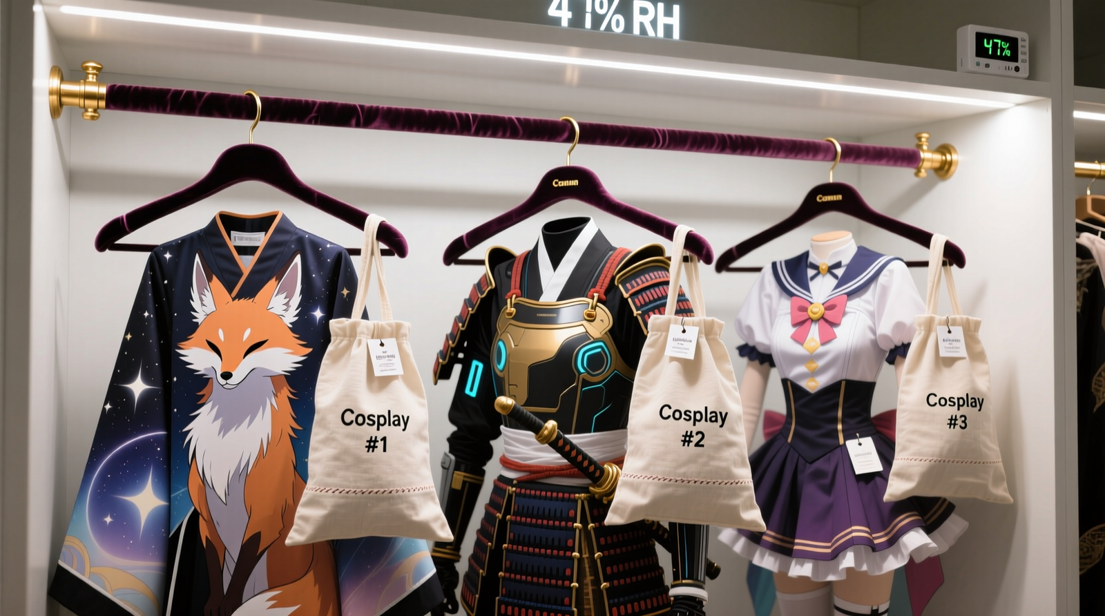 Three anime convention costumes hung on wide, contoured velvet hangers inside labeled, unbleached cotton garment bags; background shows a climate-controlled closet with hygrometer reading 47% RH and no direct light