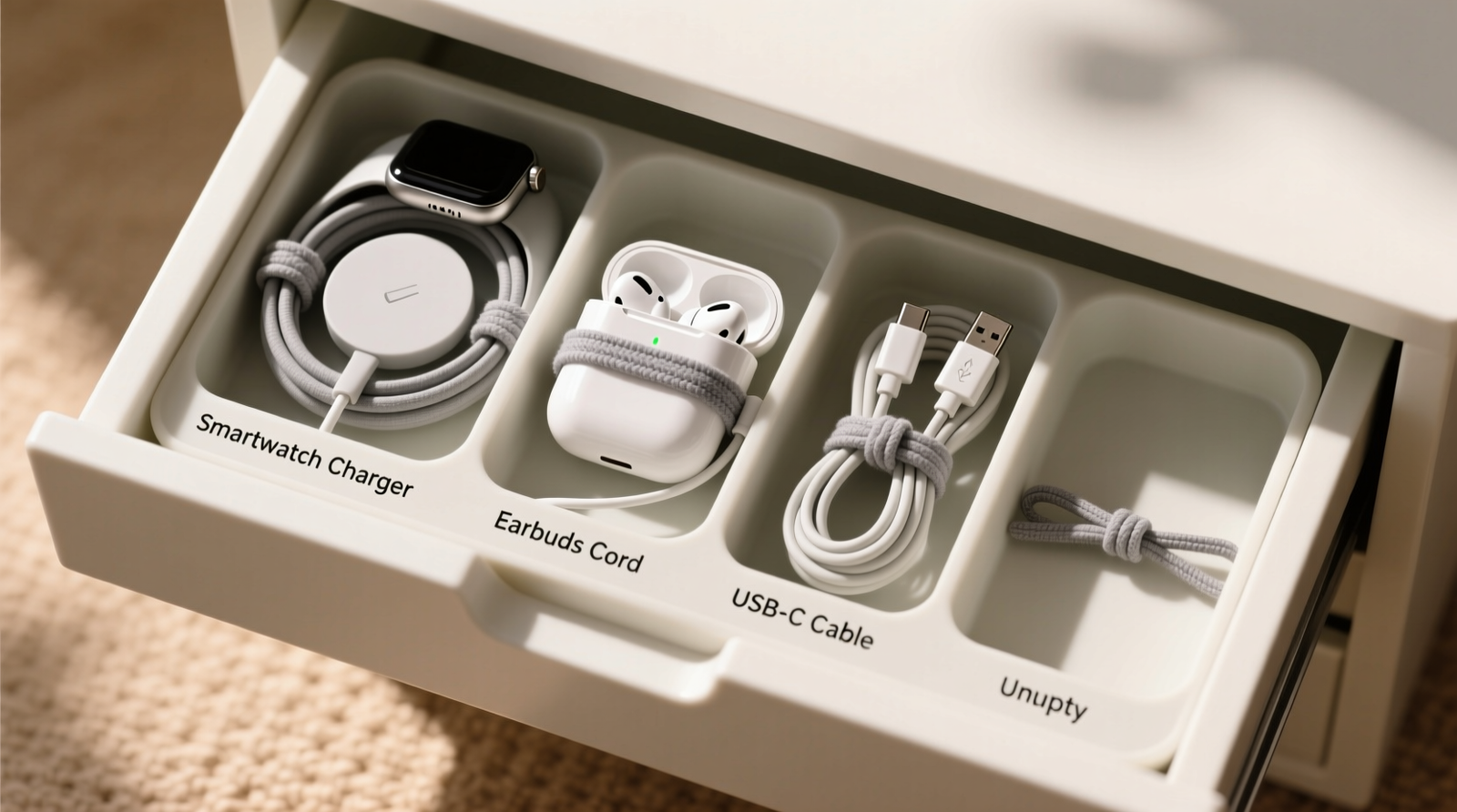 Top-down view of a shallow drawer organizer with four labeled silicone-lined compartments: one holding a neatly coiled smartwatch magnetic charger, another a compact earbud case cord, third an extra USB-C cable, fourth empty—each coil secured with a soft gray fabric twist tie, ends oriented outward
