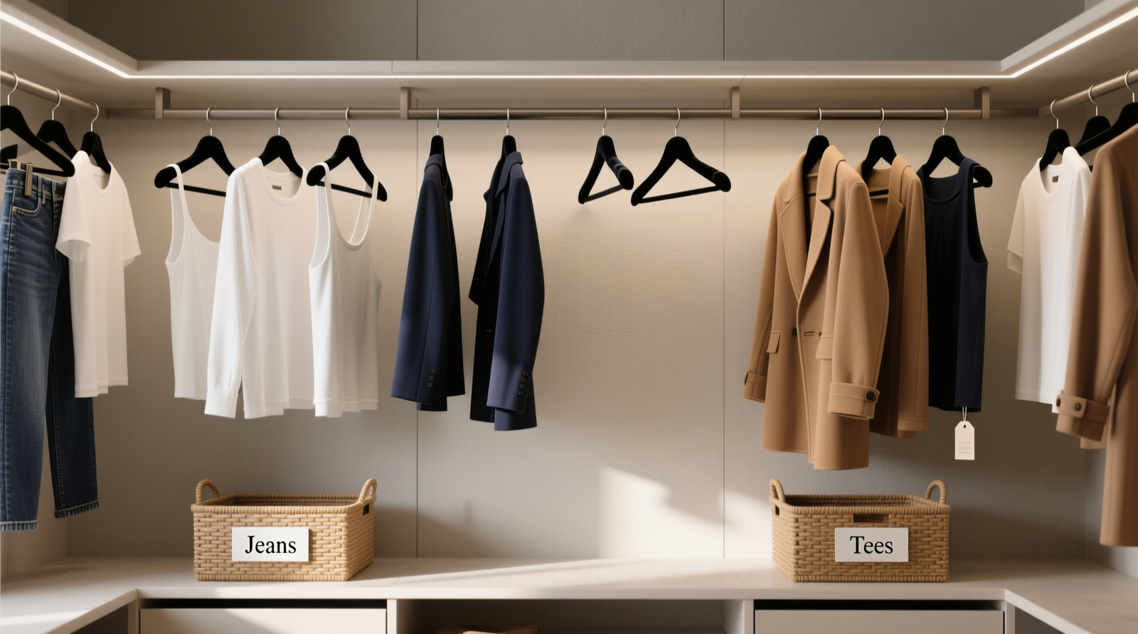 A minimalist walk-in closet with uniform black velvet hangers, grouped clothing zones (white tops, navy separates, camel outerwear), and two shallow woven bins labeled 'Jeans' and 'Tees' on open shelving—no visible folding, no clutter, no visible labels beyond bin names
