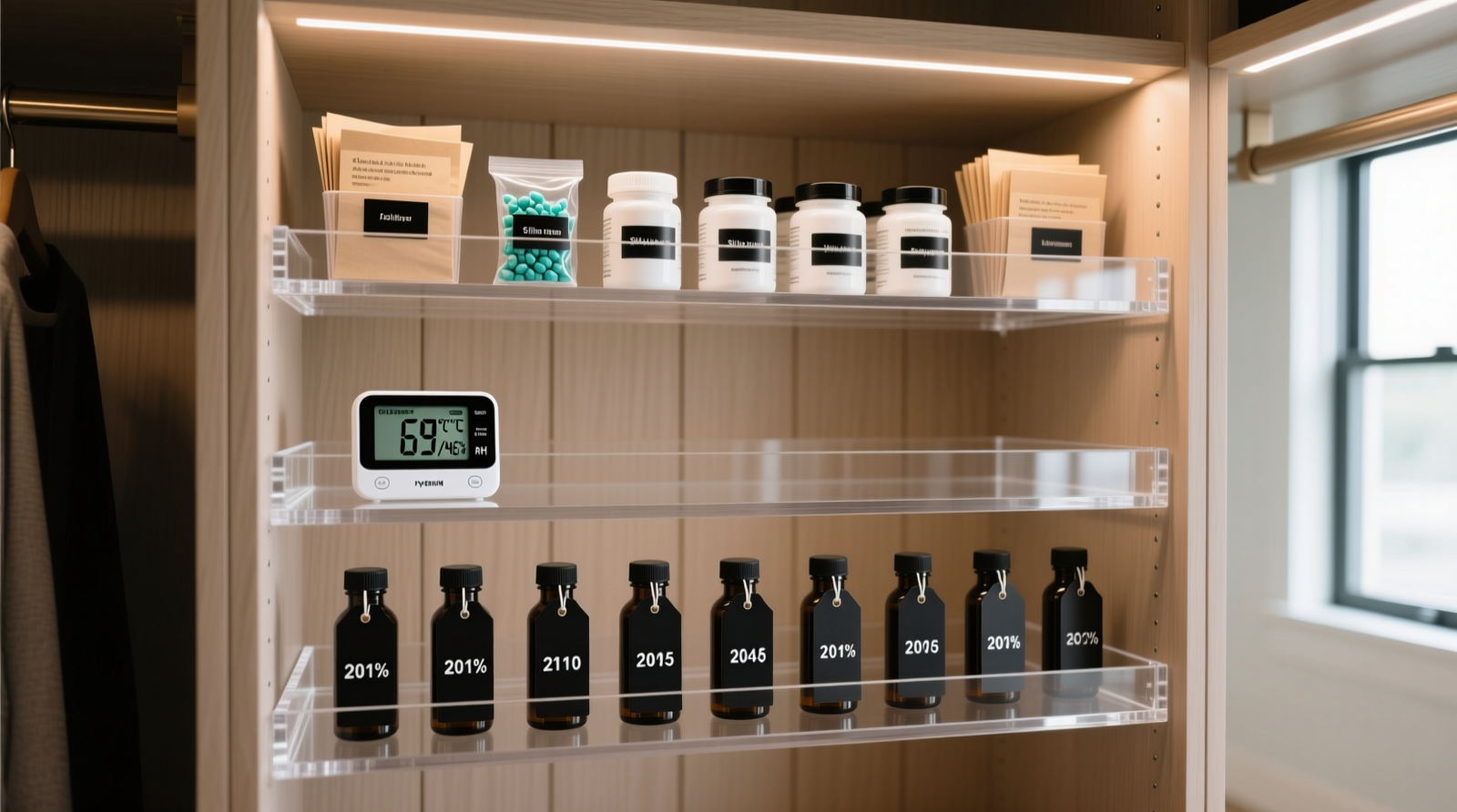 Three-tier acrylic storage system inside a walk-in closet pantry: top tier holds labeled supplement containers with visible silica gel packs and archival paper liners; middle tier shows hygrothermometer reading 69°F/46% RH; bottom tier displays rotation date tags and capped bottles standing upright
