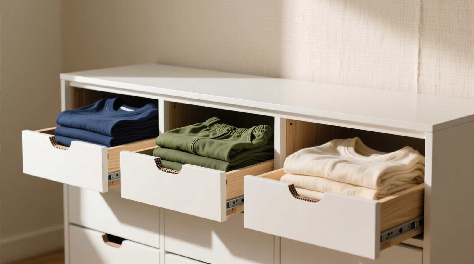 A set of three standard dresser drawers, each neatly filled with upright-folded clothing in coordinated color families—navy tops in one, olive bottoms in another, cream layers in the third—with hand-cut cardboard dividers visible at compartment edges.
