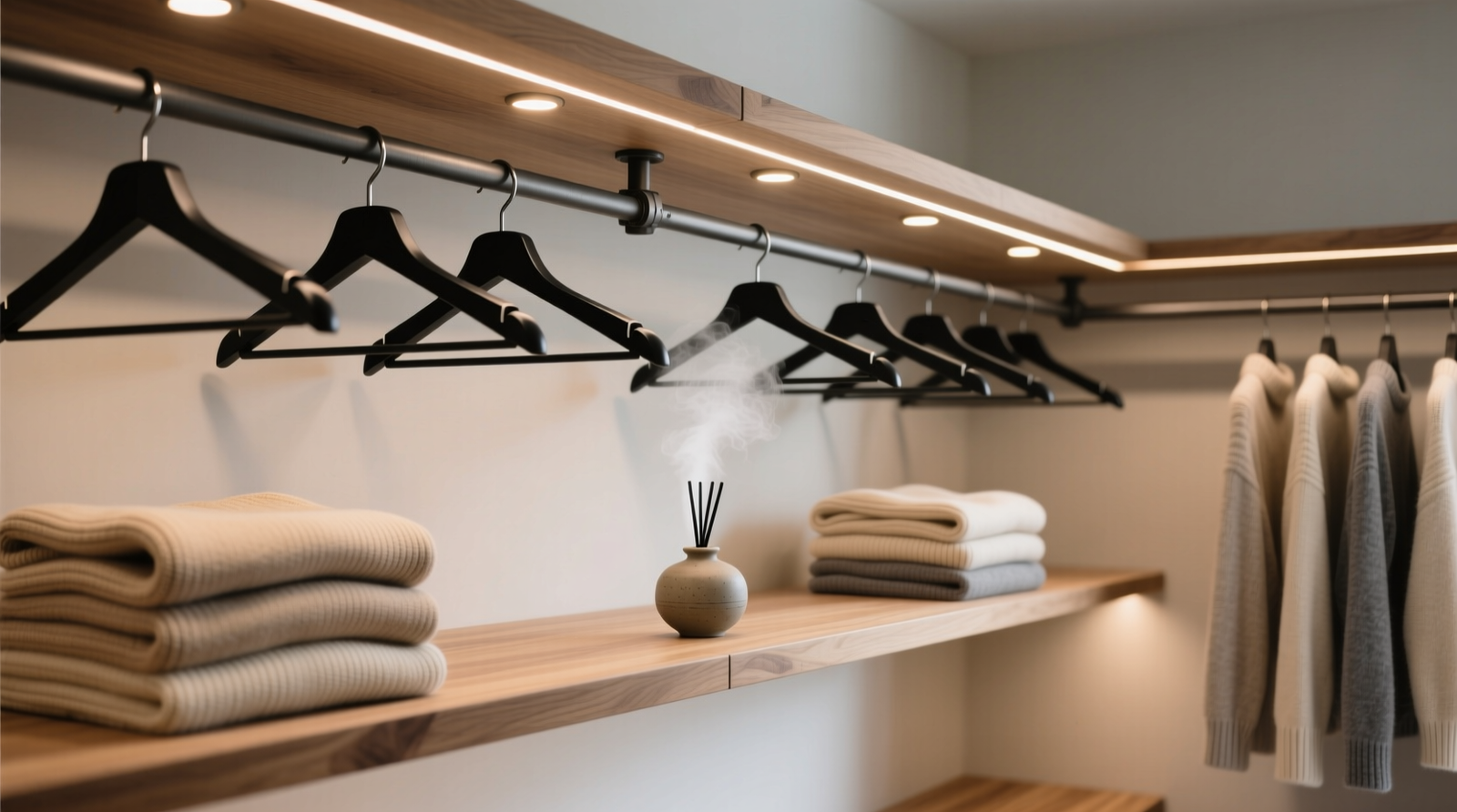 A minimalist walk-in closet with matte black weighted hangers evenly spaced, warm LED pucks glowing softly beneath floating oak shelves, folded sweaters stacked vertically in neutral tones, and a single ceramic diffuser emitting faint mist