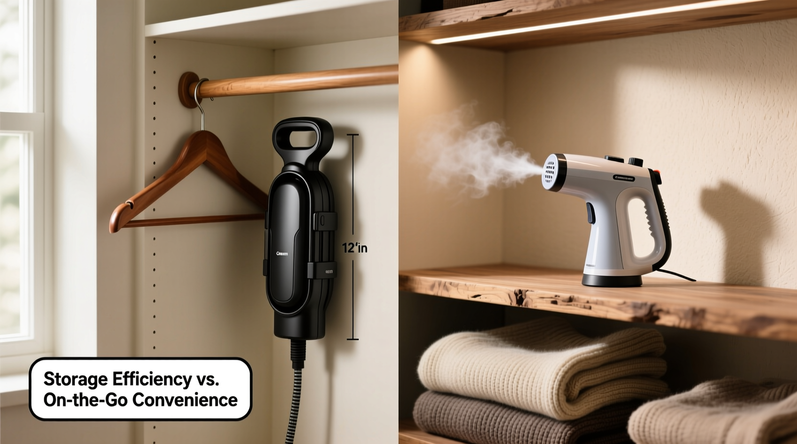 Side-by-side visual: a foldable garment steamer stored vertically in a 12-inch-deep closet corner beside a wooden hanger rod, contrasted with a handheld steamer precariously balanced on a narrow shelf above folded sweaters
