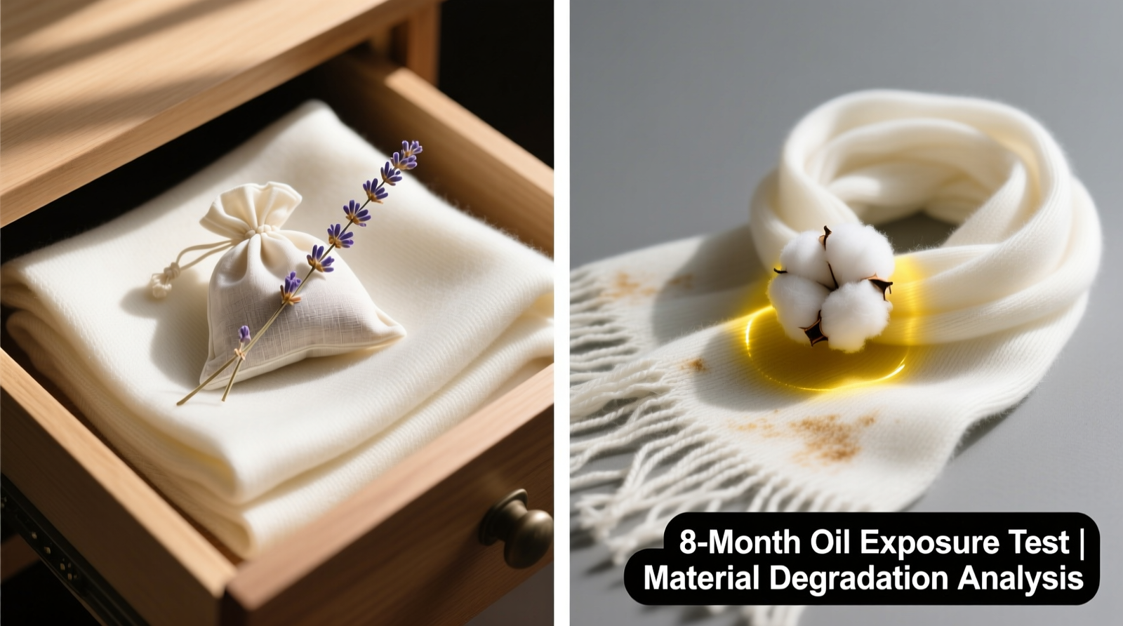 Side-by-side comparison: left side shows pristine ivory cashmere folded with dried-lavender muslin sachet in drawer; right side shows same fabric after 8 months with oil-saturated cotton ball—visible yellow halo and slight stiffness at contact point