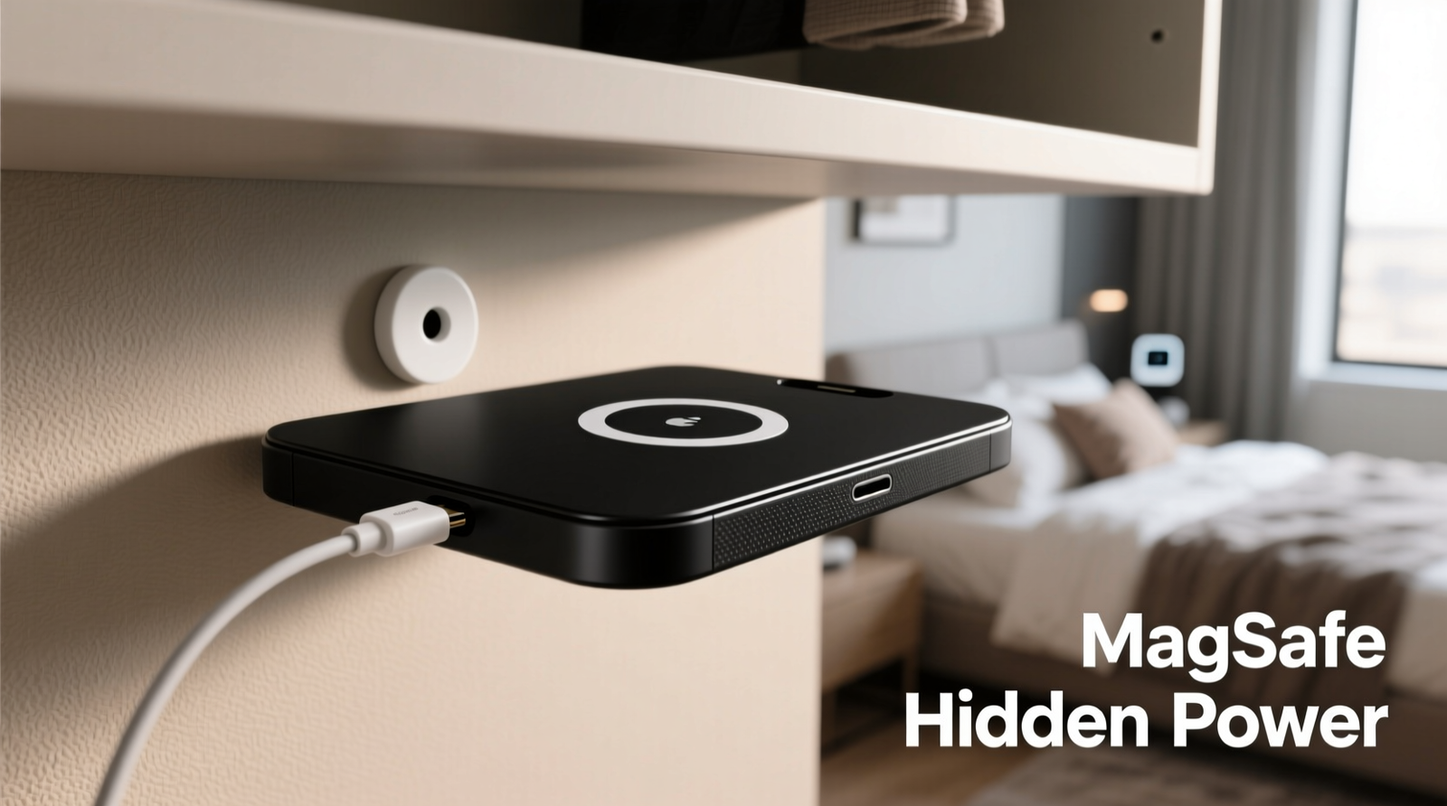 Close-up of a matte-black magnetic charging dock mounted discreetly beneath a floating closet shelf, aligned with a smartphone’s MagSafe ring; micro-USB-C cable vanishes into a white grommet drilled into the shelf’s rear edge