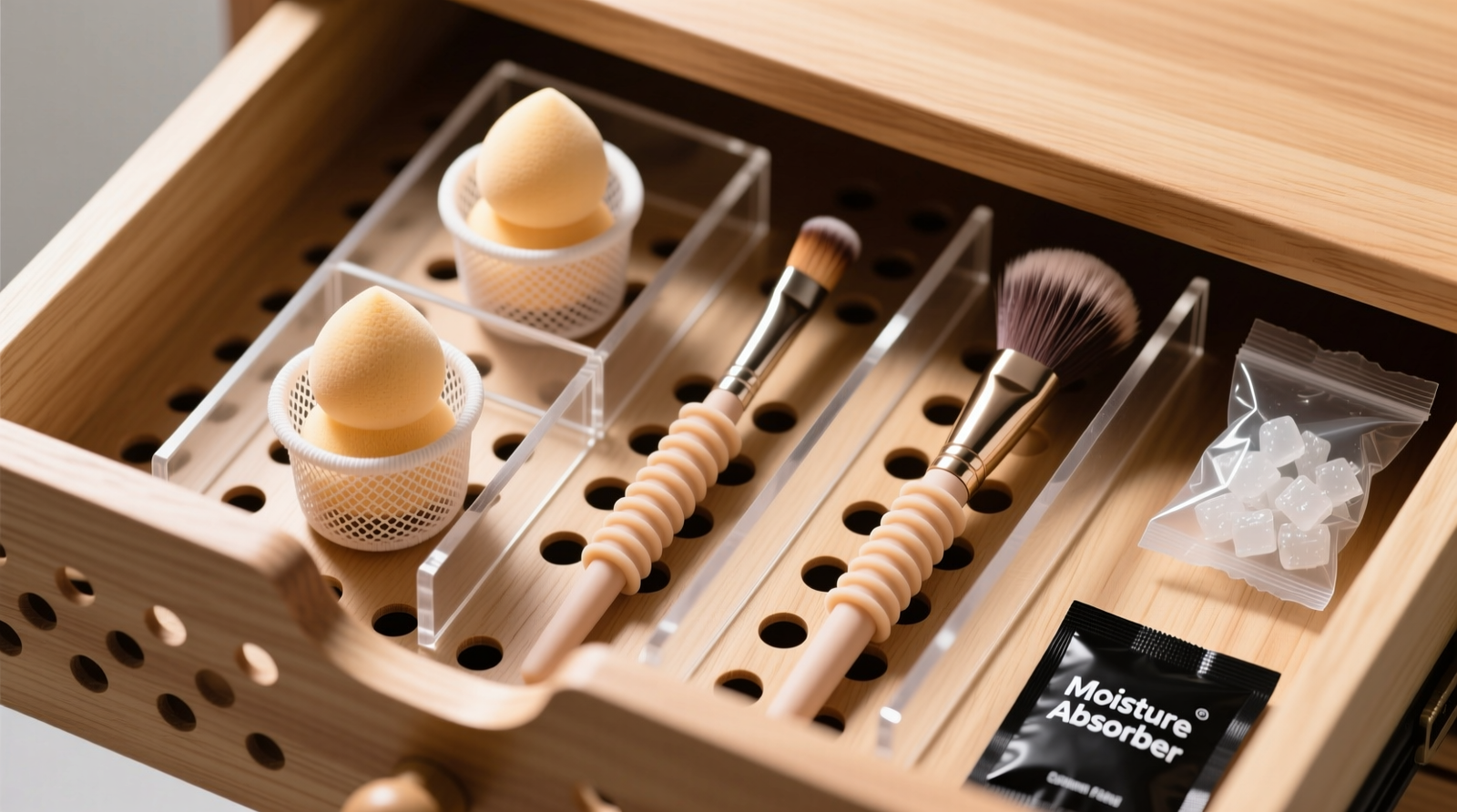Overhead view of a 12cm-deep ventilated drawer: bamboo upright brush holder on left, perforated silicone sponge tray center, labeled mesh pouches on right—all on charcoal antimicrobial felt liner