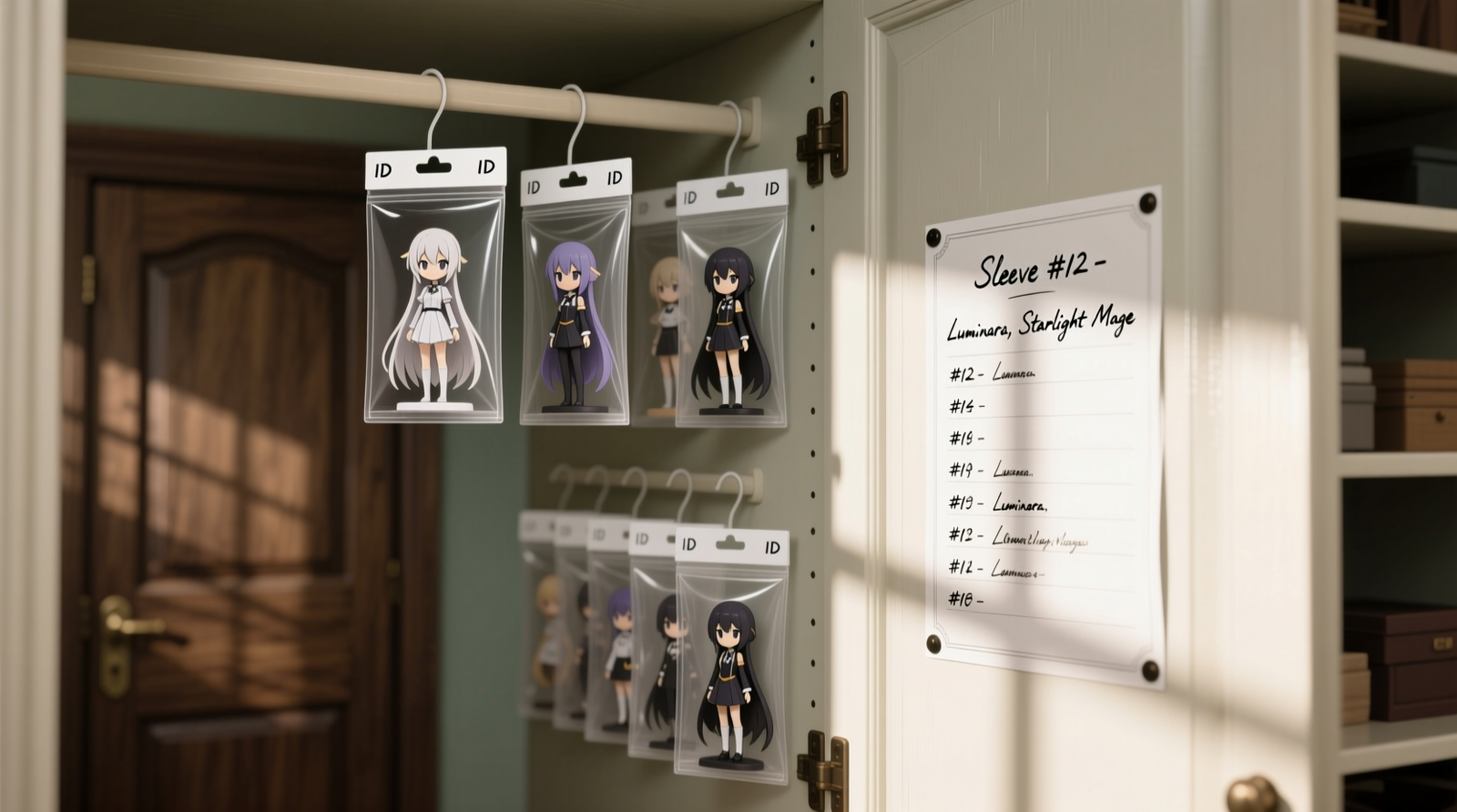 A closet interior showing vertically hung, clear plastic sleeve organizers labeled with small white tags; each sleeve contains a single anime figure dust cover oriented identically (open end up); a laminated index sheet is mounted on the door with handwritten entries matching sleeve IDs to figure names