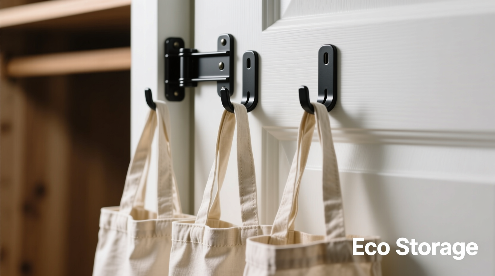 Close-up photo showing three folded reusable grocery totes and one compact foldable backpack vertically stacked on a white adjustable tension rod mounted inside a standard wooden closet door frame, with binder clips securing folds at the top edge