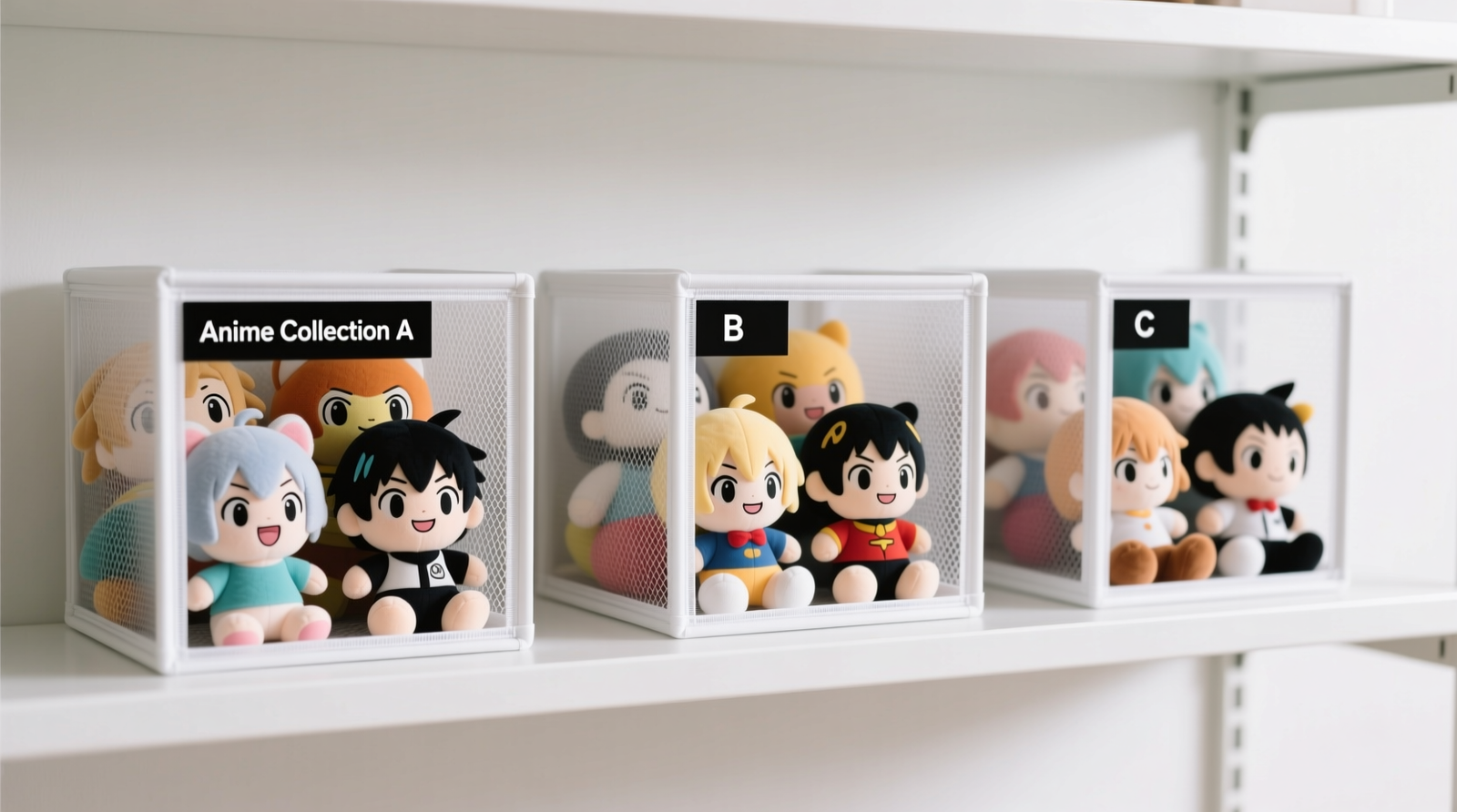 Three labeled breathable mesh cubes on open white shelving, each holding 4–6 anime plush upright or gently reclined; visible airflow gaps between plush and cube walls; no stacking above three cubes high