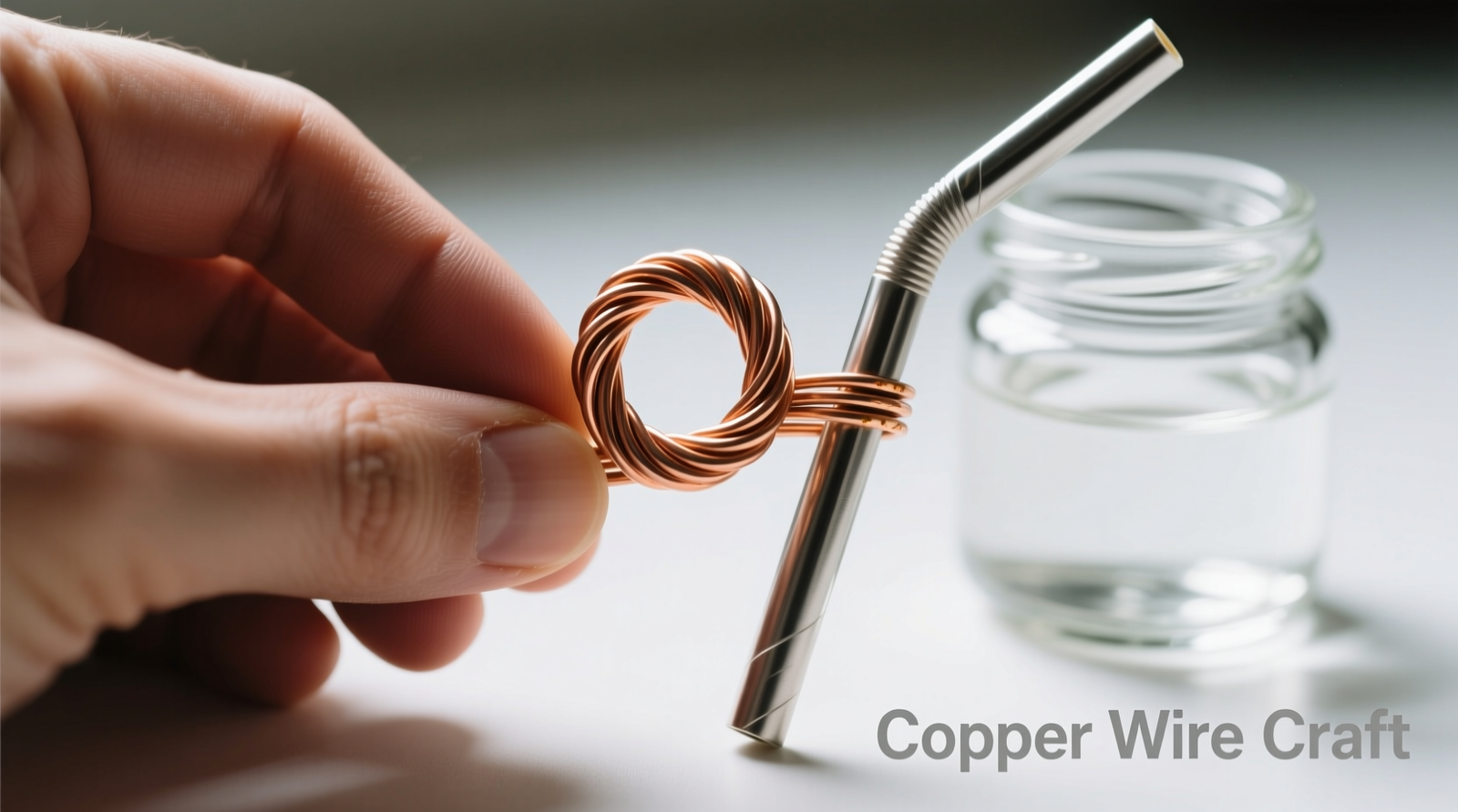 Close-up photo showing a hand twisting bare copper wire into a tight helical pipe cleaner, next to a stainless steel straw and a small glass jar of clear white vinegar