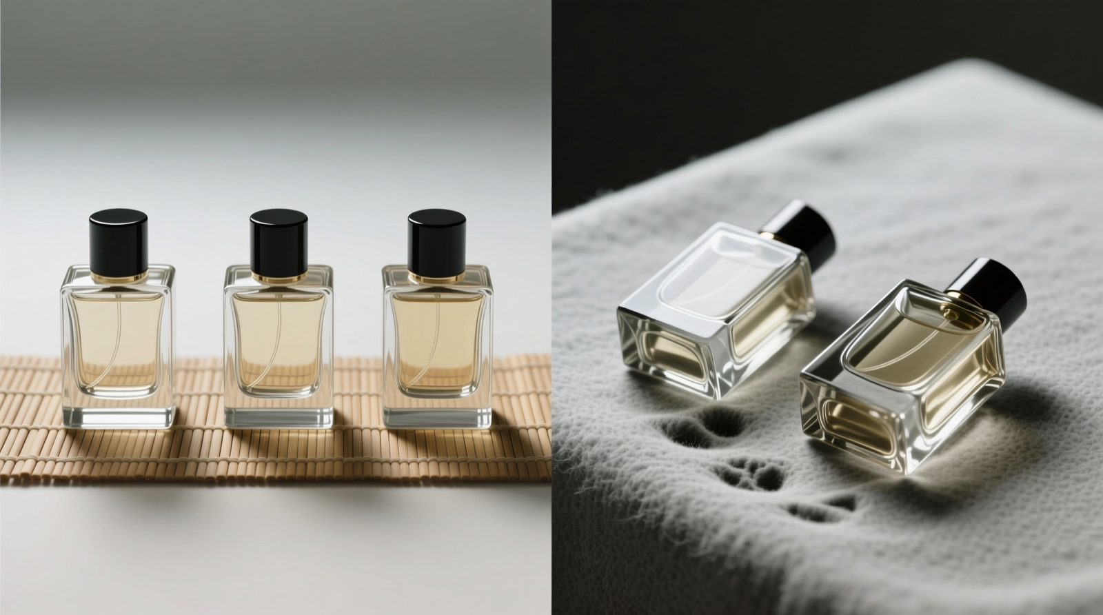 Side-by-side comparison showing three identical glass perfume bottles on bamboo liner (stationary, aligned) versus same bottles on faded gray felt (one tilted, one slightly shifted, visible compression indentations beneath bases)