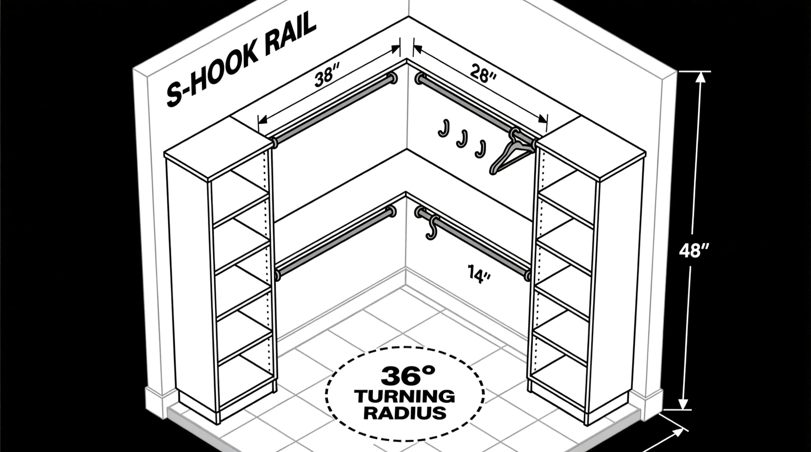 A modern, light-filled closet with matte black swing-arm hooks holding a silver folding walker and two ergonomic canes; adjacent shallow oak bins hold padded handgrips and USB-C charging cables; soft LED strips glow along baseboard and shelf edges; no items are stored above 60 inches or behind doors