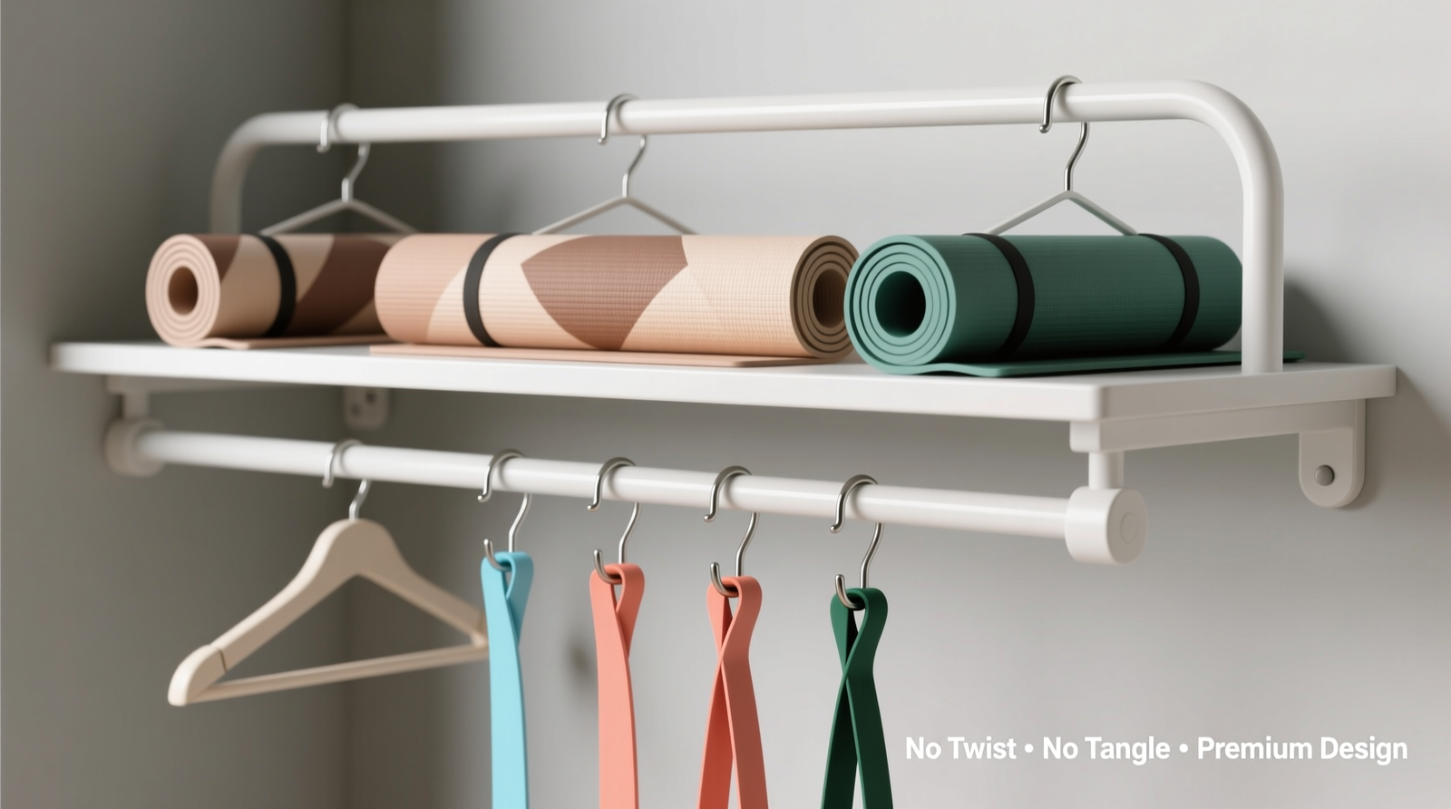 Side-by-side closet view: left shows yoga mat hanging vertically on padded hook beside resistance bands suspended individually from soft-grip S-hooks on slim pegboard; right shows common errors—tightly rolled mat on shelf, bands knotted in drawer, and mat folded in half under clothing pile.