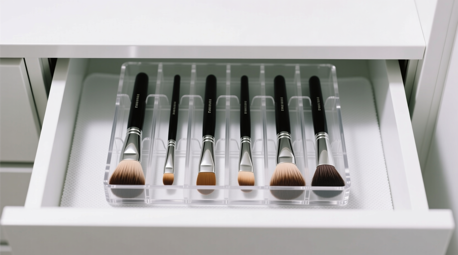 Overhead view of a shallow white closet drawer containing a transparent acrylic brush caddy with eight vertical slots; each holds a makeup brush bristle-down, ferrules flush against the base, with no leaning or contact between handles. Non-slip liner visible beneath the caddy.