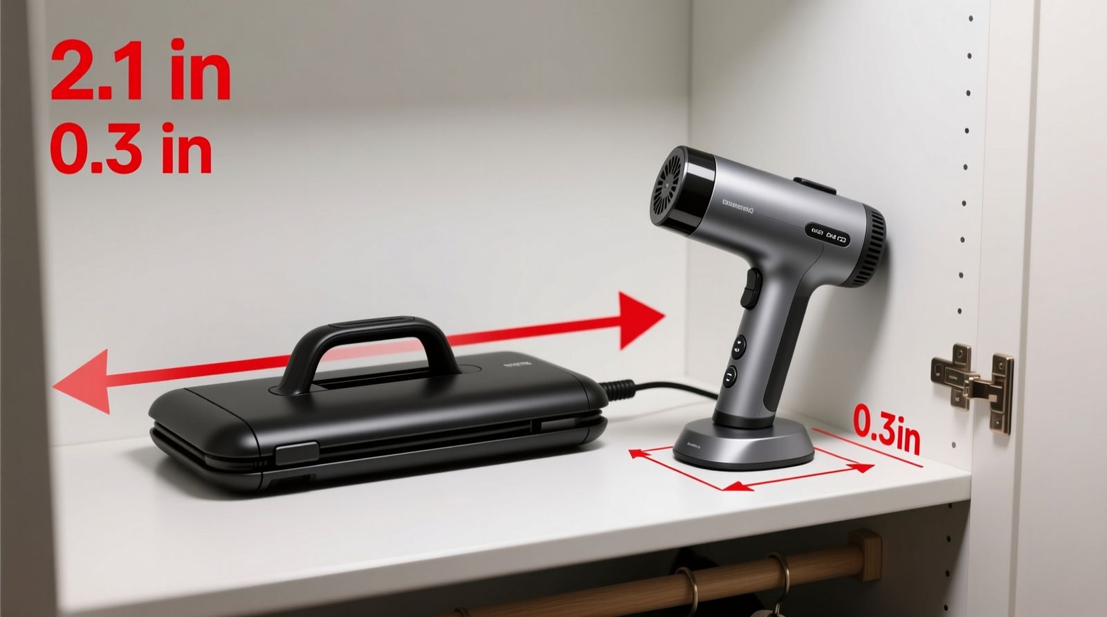 Side-by-side comparison: a foldable garment steamer lying flat against a closet back wall beside a handheld steamer tilted precariously in the same corner, with red arrows indicating 2.1-inch clearance gap behind the foldable unit versus 0.3-inch gap behind the handheld unit